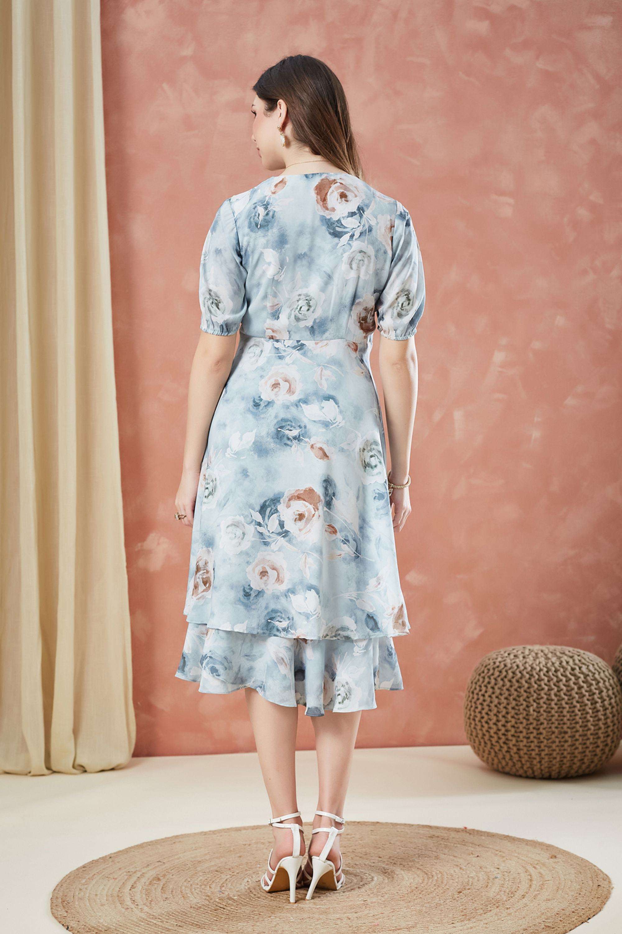 Printed-V-Neck-Polyester-Women-Dress