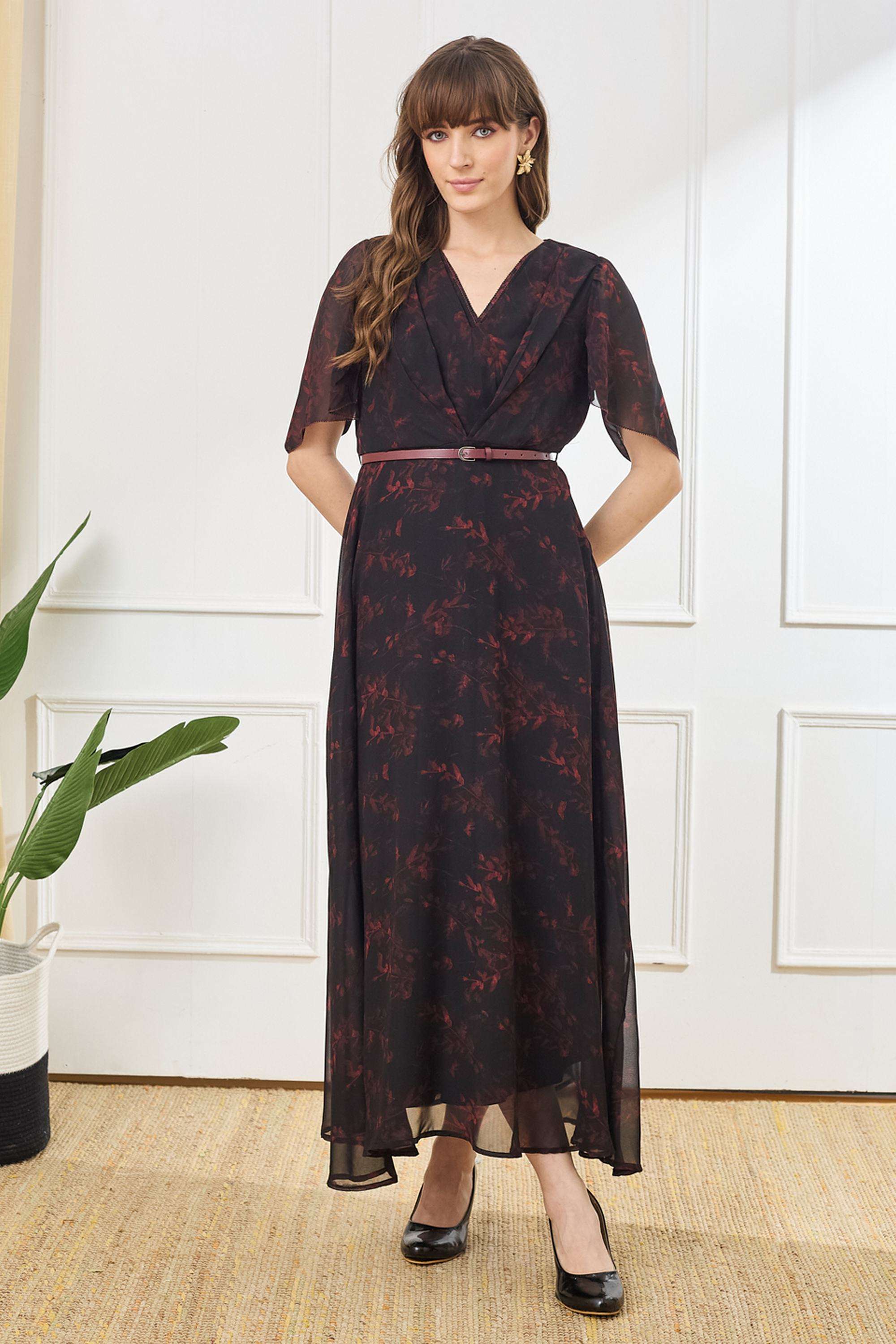 Printed-V-Neck-Polyester-Women-Dress