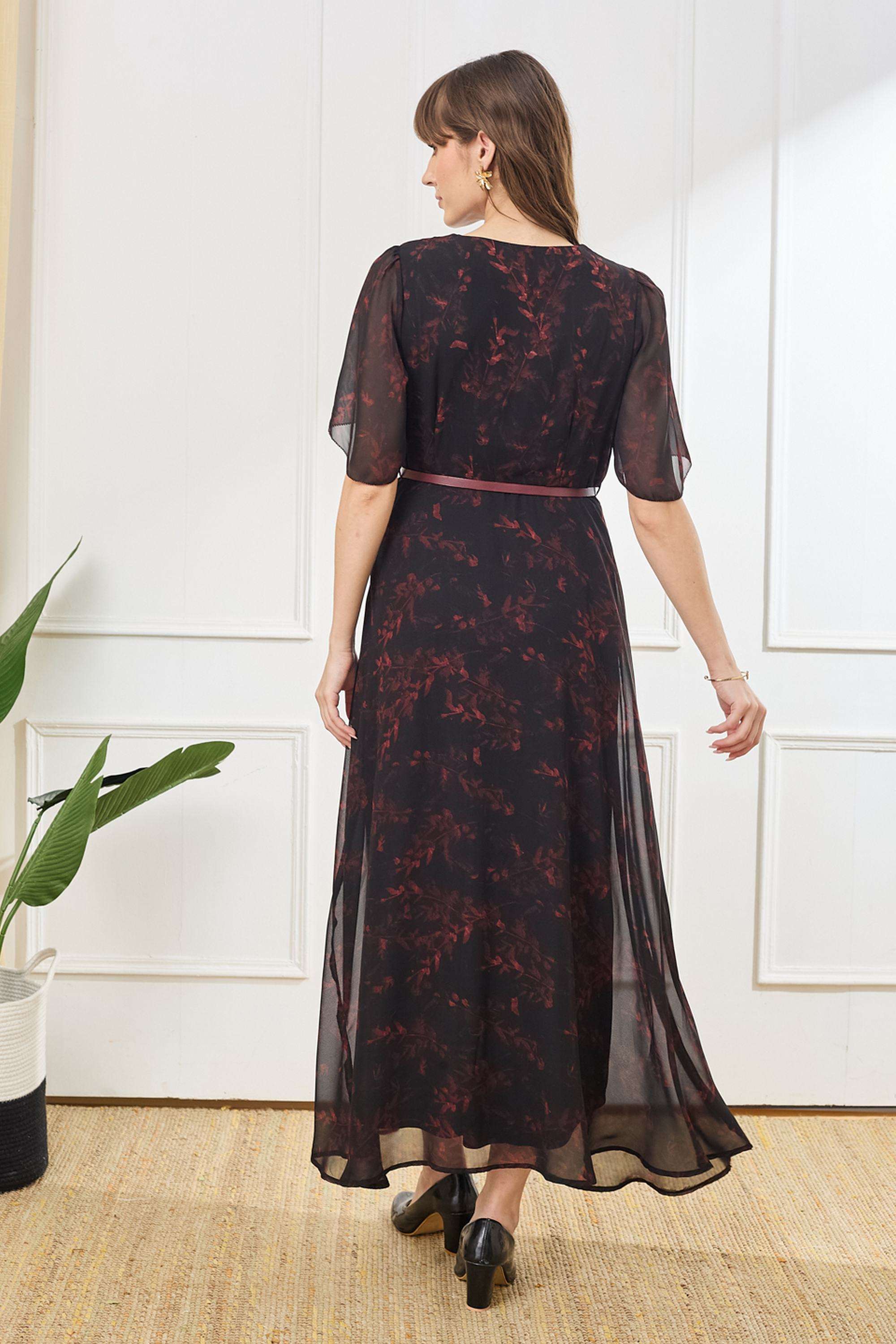 Printed-V-Neck-Polyester-Women-Dress