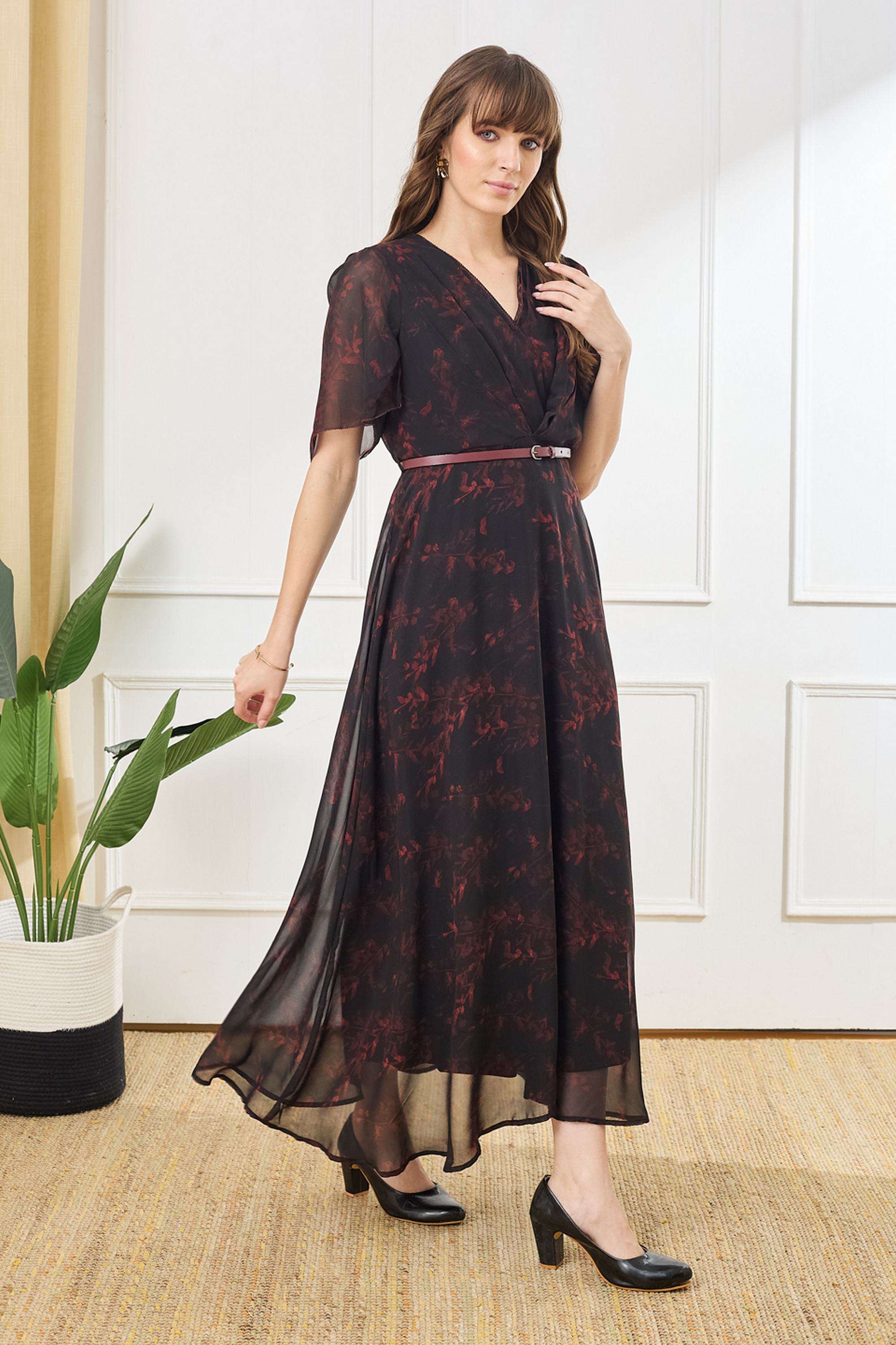 Buy Latin Quarters Maroon Printed V-Neck Polyester Women Dress | Shoppers  Stop