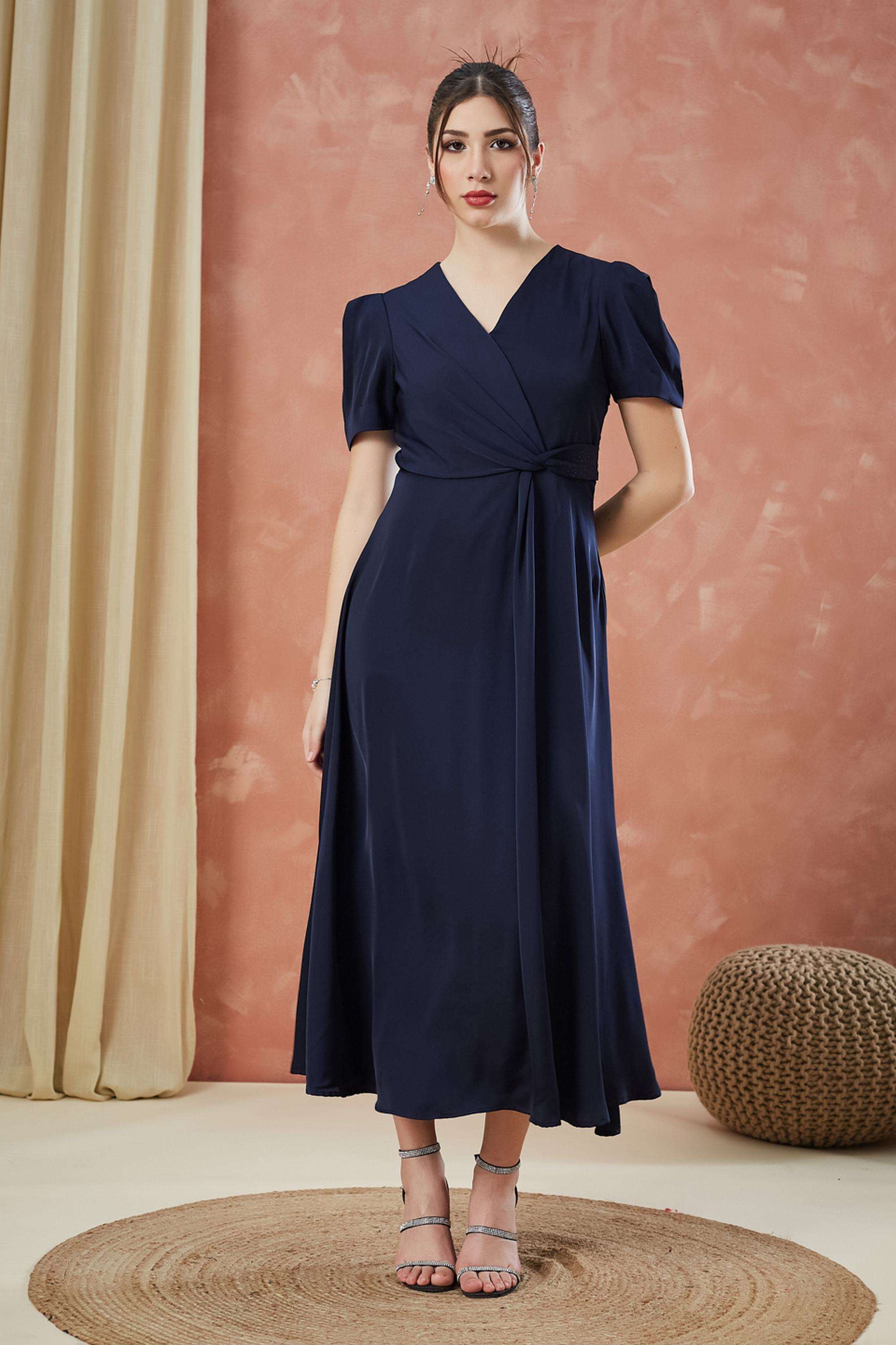 Solid-V-Neck-Polyester-Women-Dress