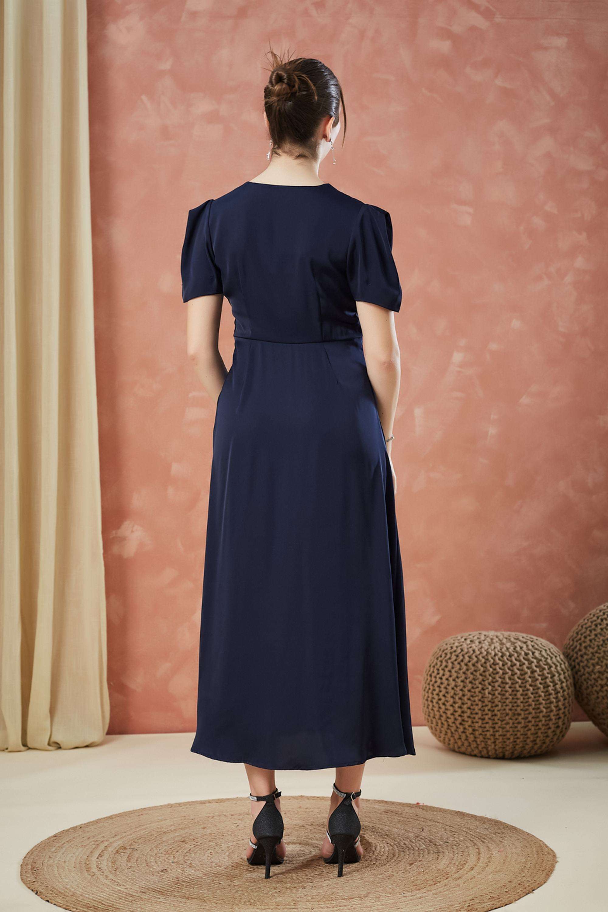 Solid-V-Neck-Polyester-Women-Dress