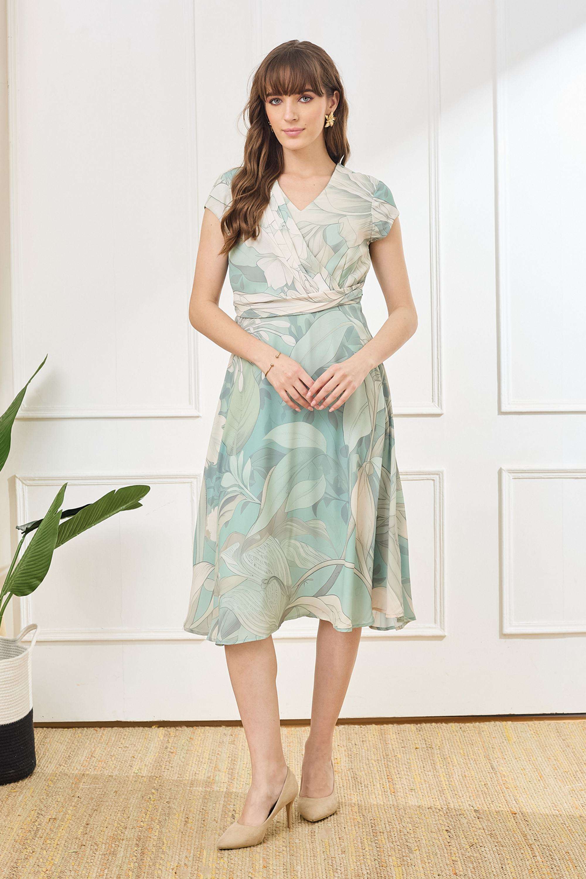 Printed-V-Neck-Polyester-Women-Dress