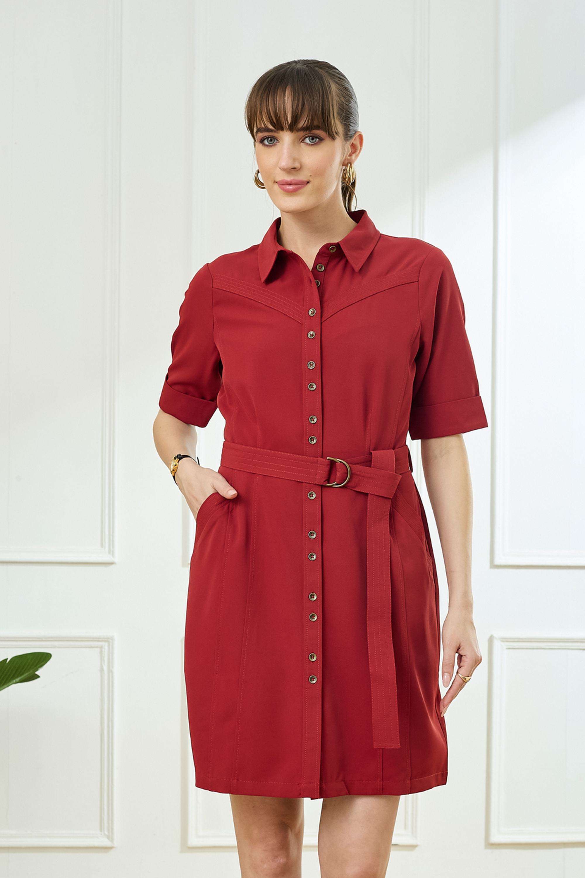 Solid-Polyester-Collared-Women-s-Dress