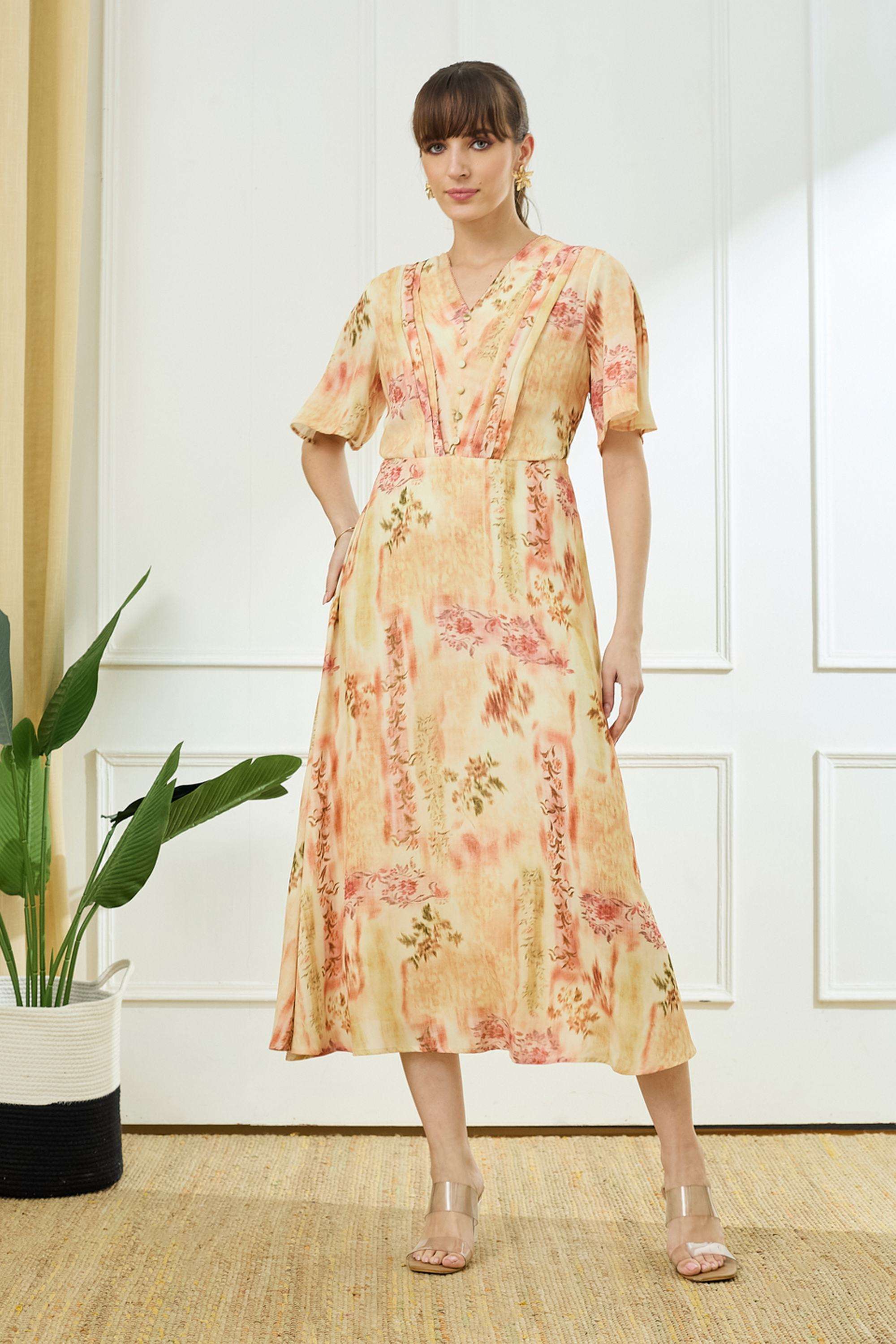 Printed-V-Neck-Polyester-Women-Dress