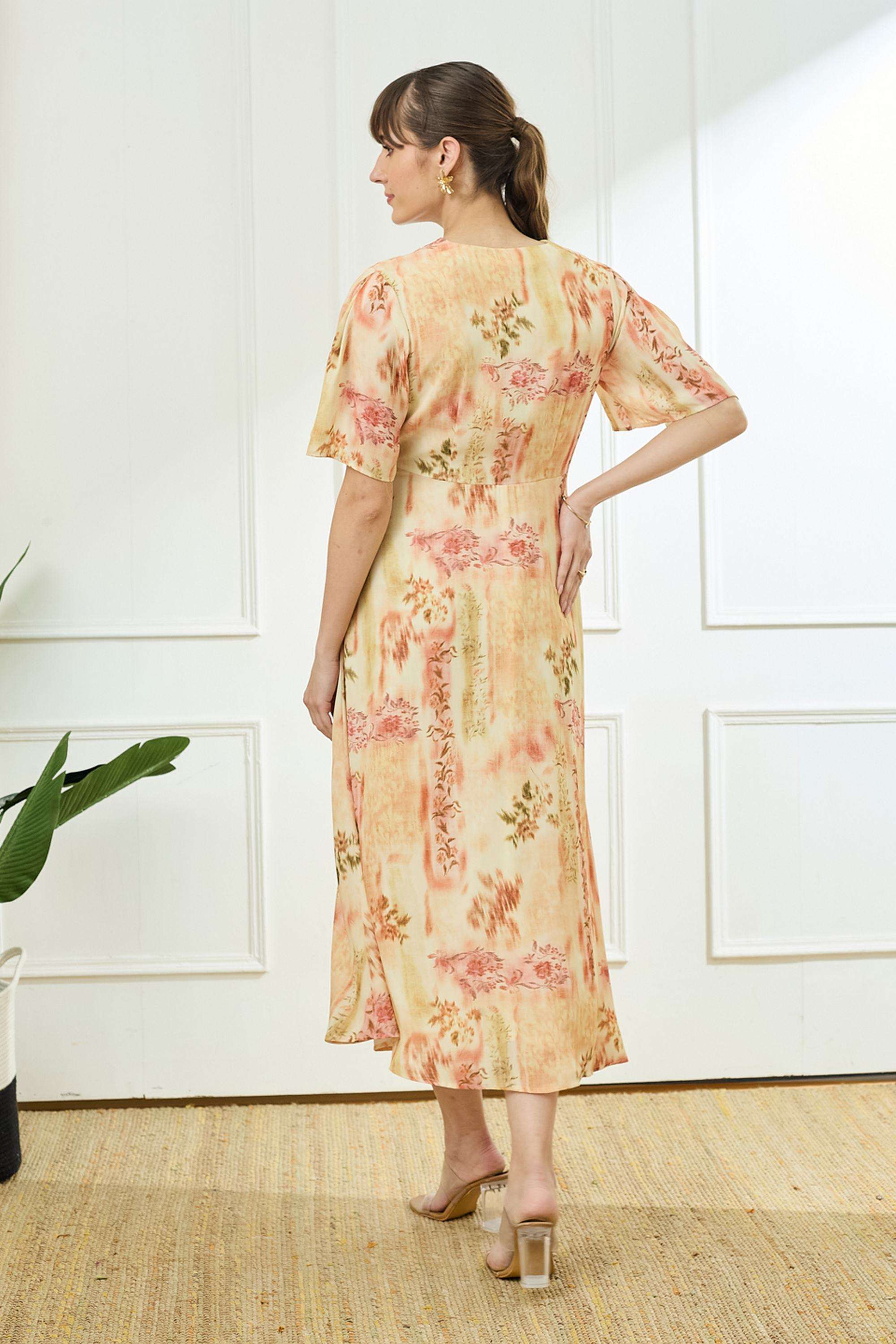 Printed-V-Neck-Polyester-Women-Dress
