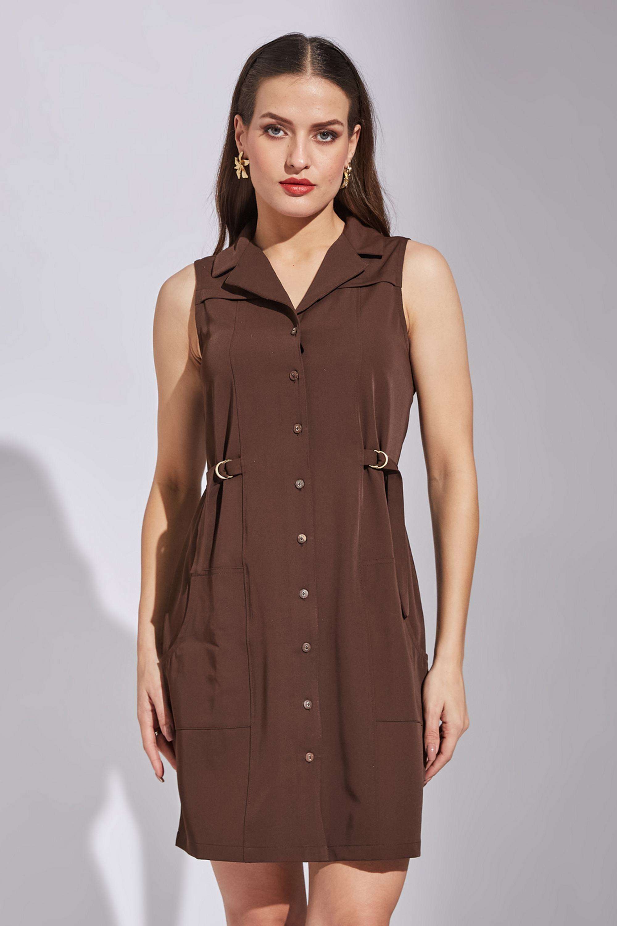 Solid-Collared-Polyester-Women-Dress
