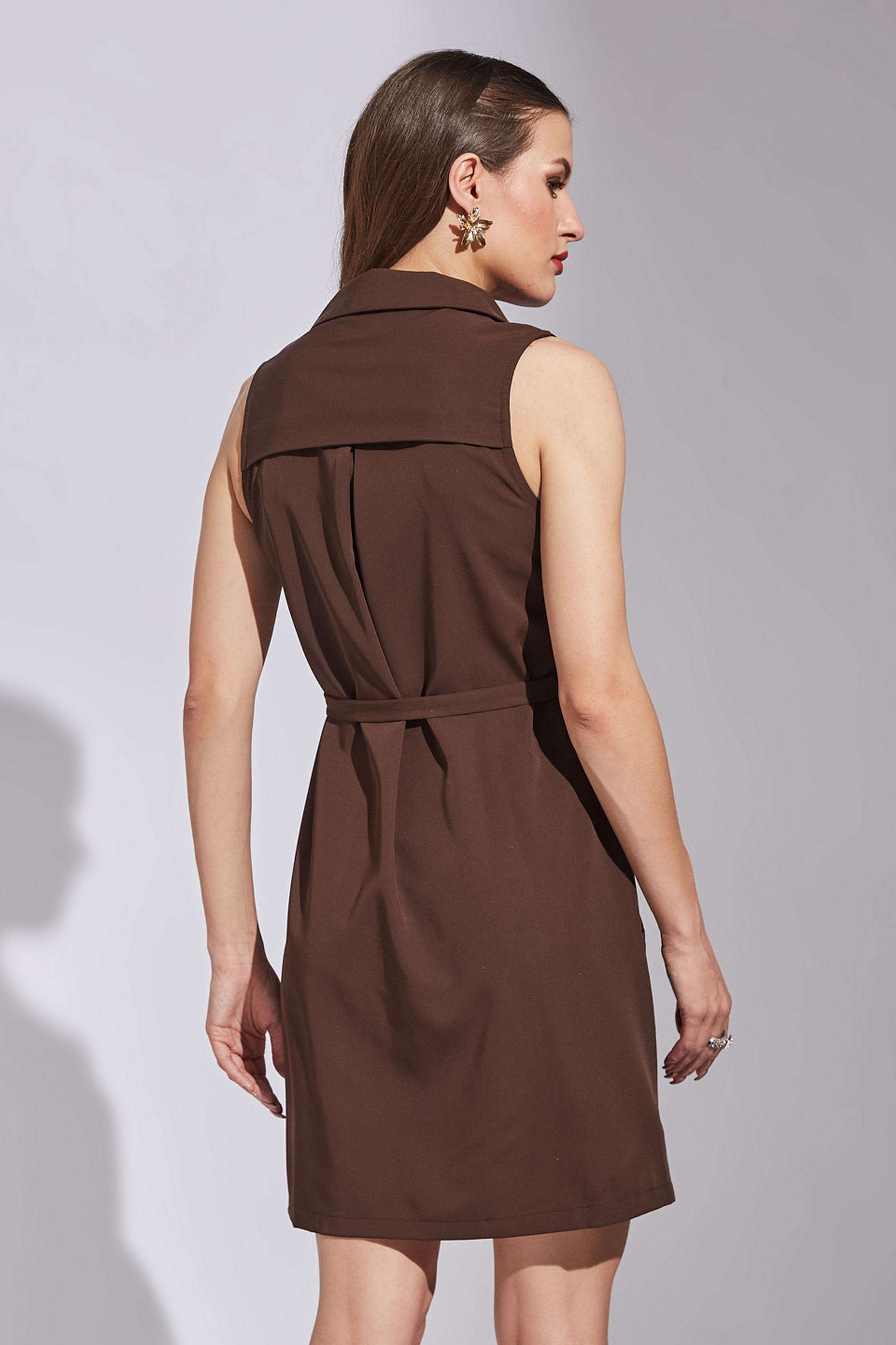 Solid-Collared-Polyester-Women-Dress