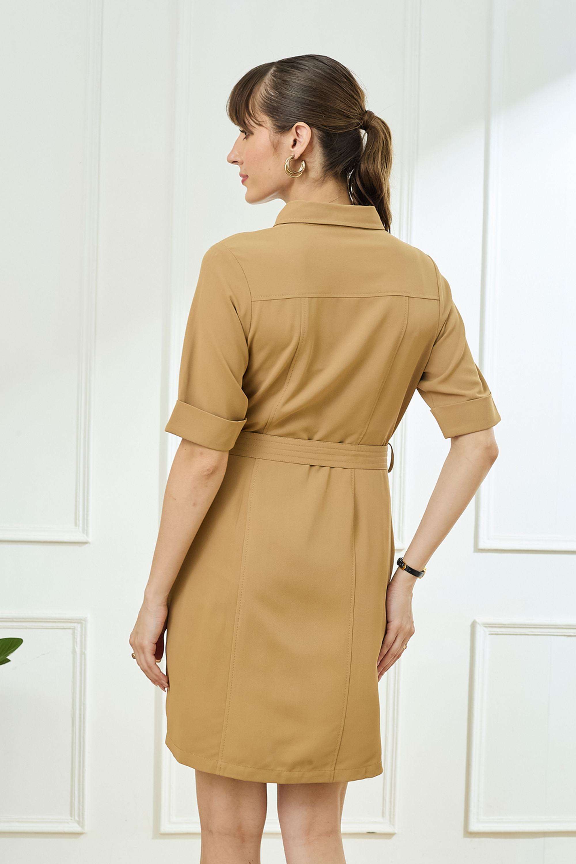 Solid-Collared-Polyester-Women-Dress