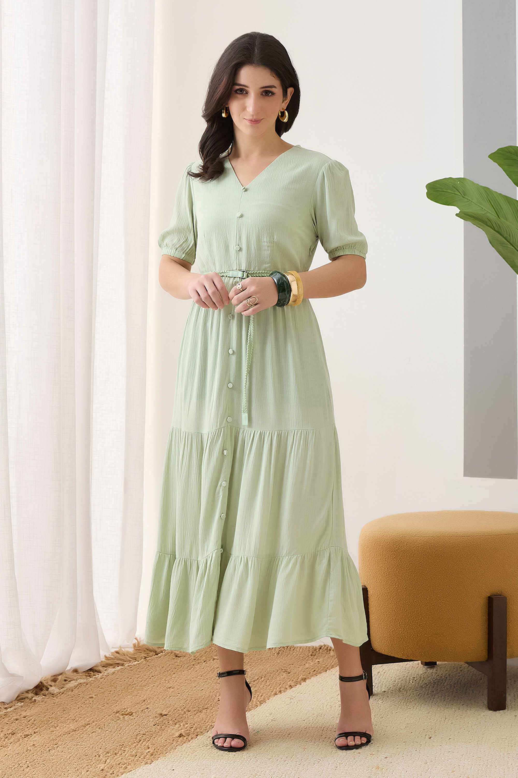 Solid-V-Neck-Viscose-Women-s-Dress
