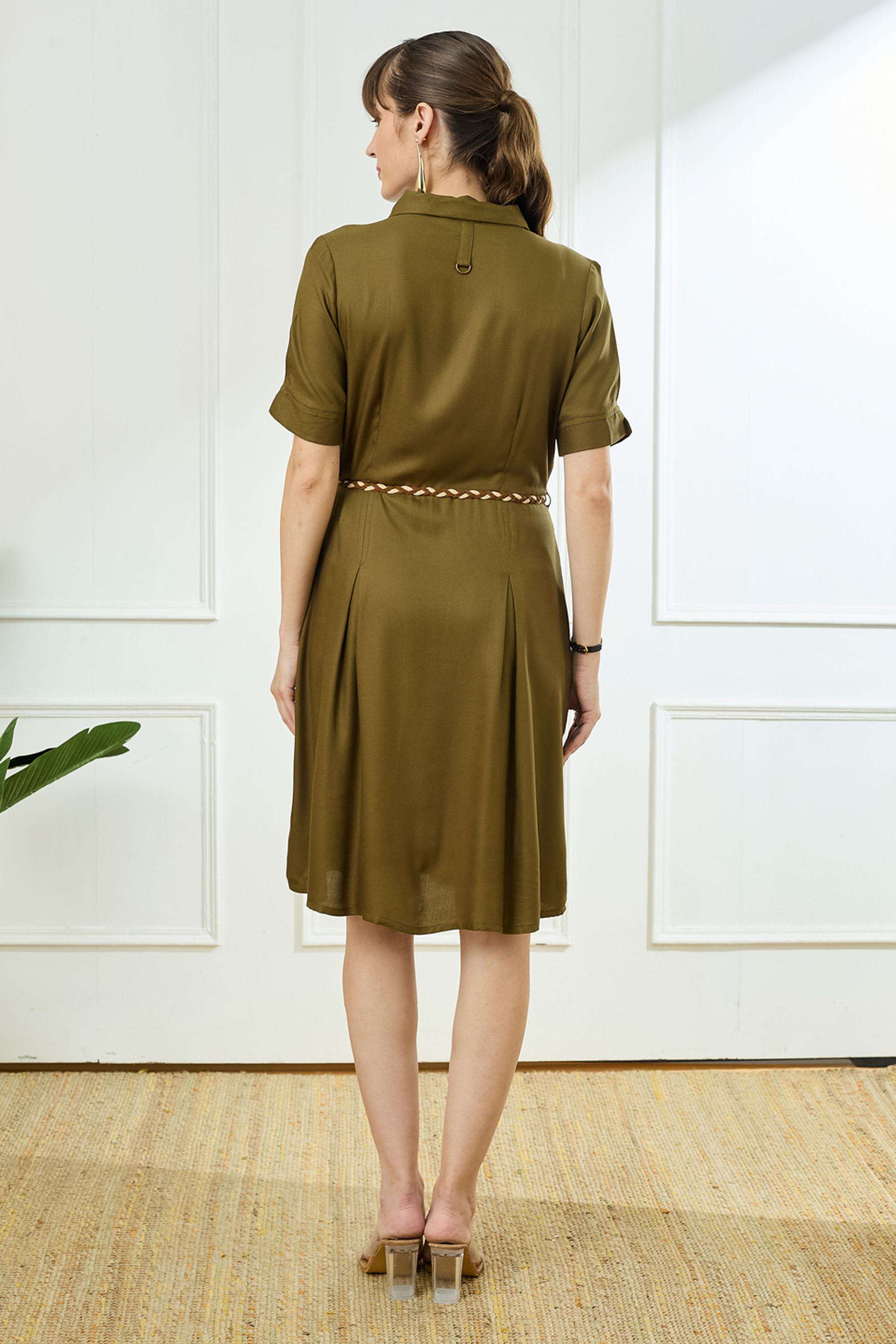 Solid-Collared-Viscose-Women-Dress