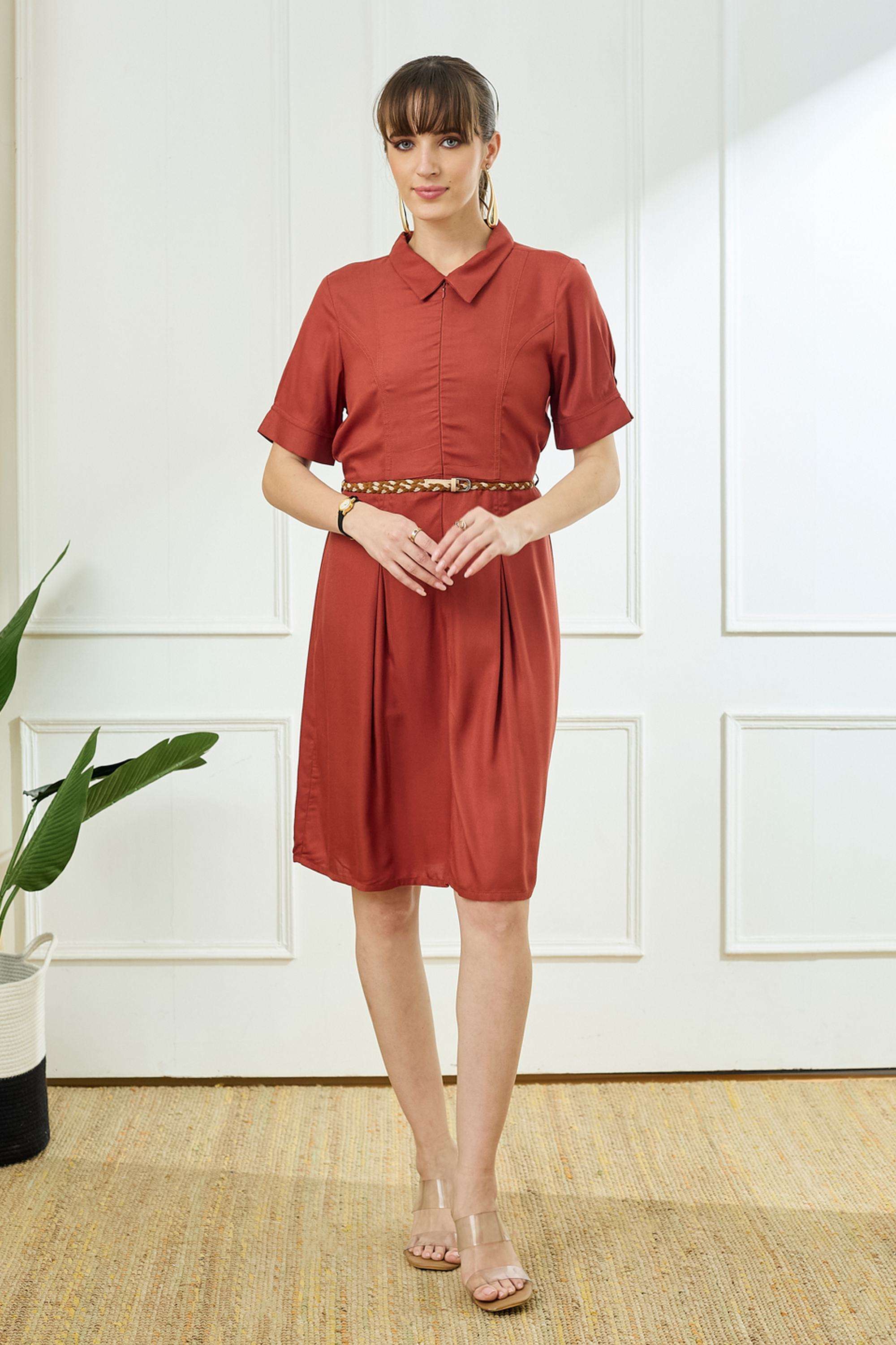Solid-Collared-Viscose-Women-Dress