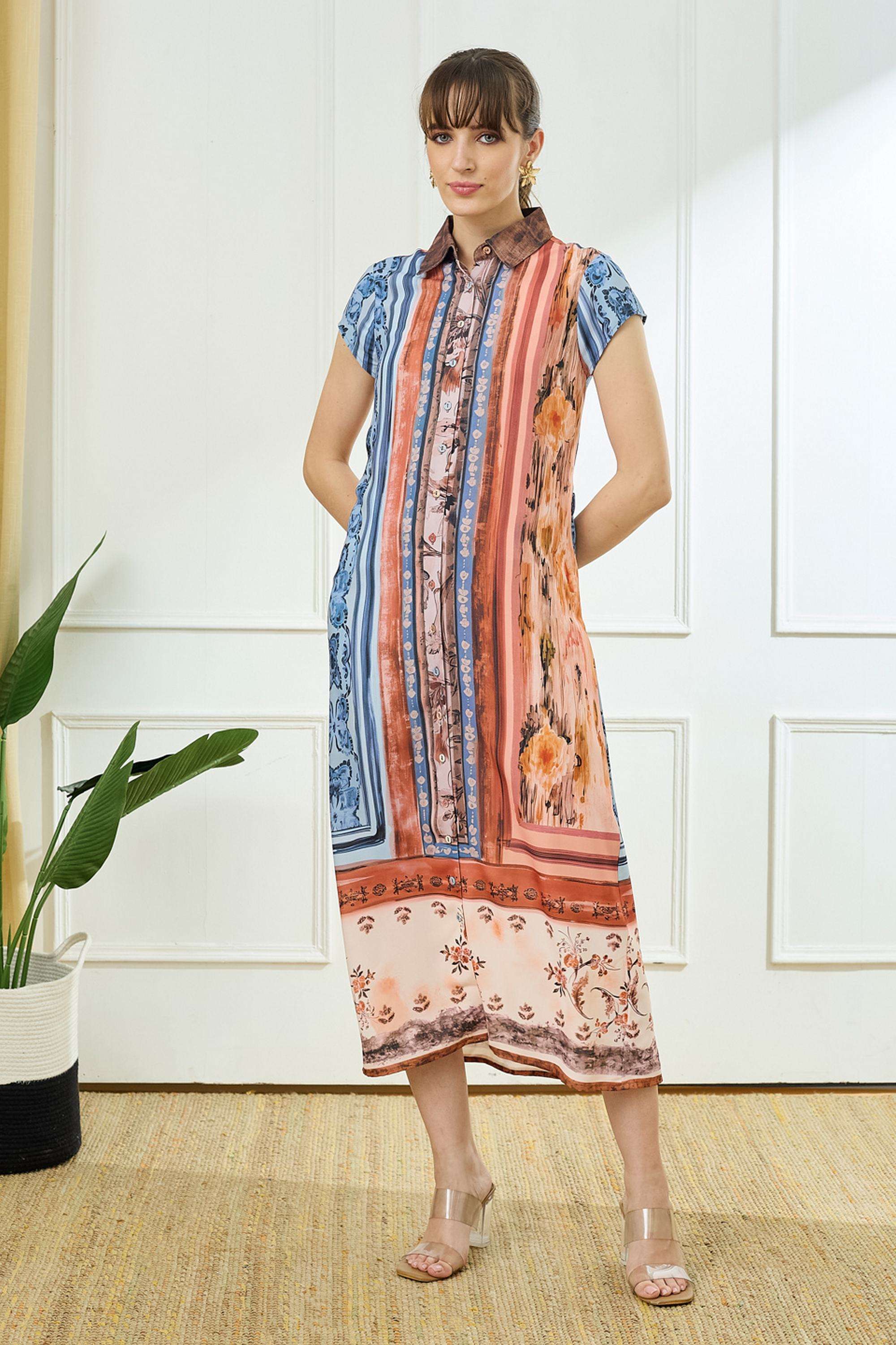 Printed-Collared-Polyester-Women-Dress