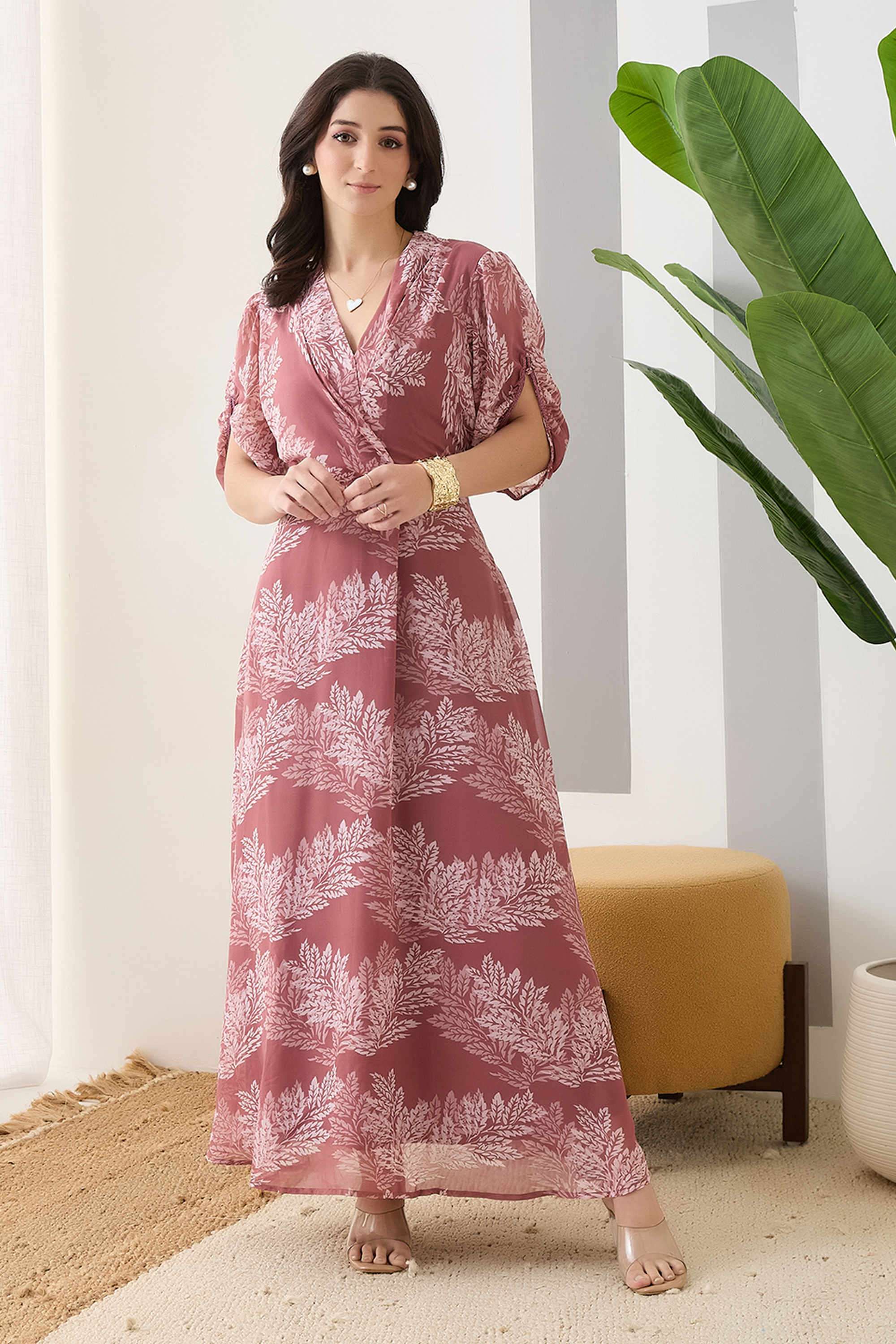 Printed-V-Neck-Polyester-Women-s-Dress