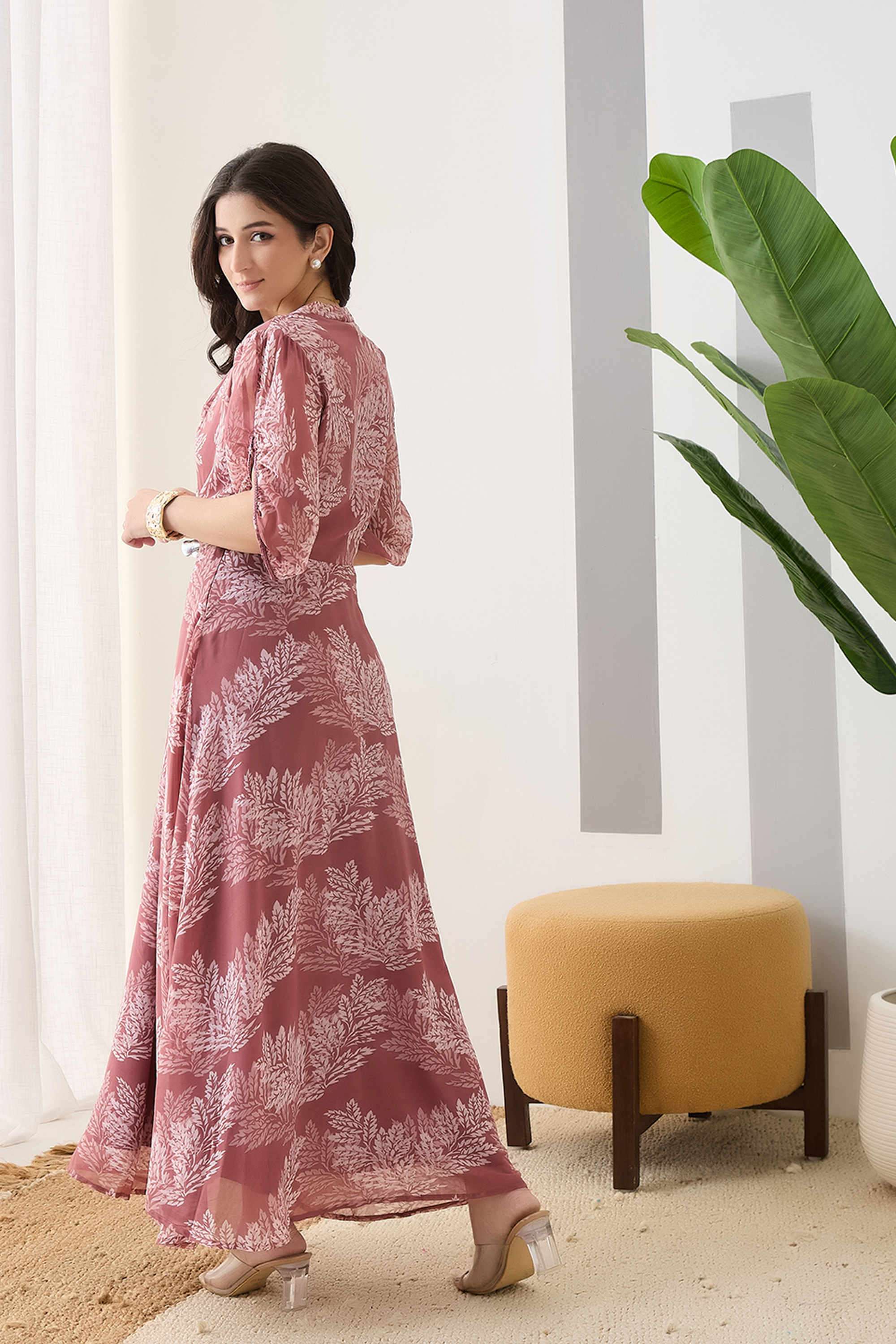 Printed-V-Neck-Polyester-Women-s-Dress
