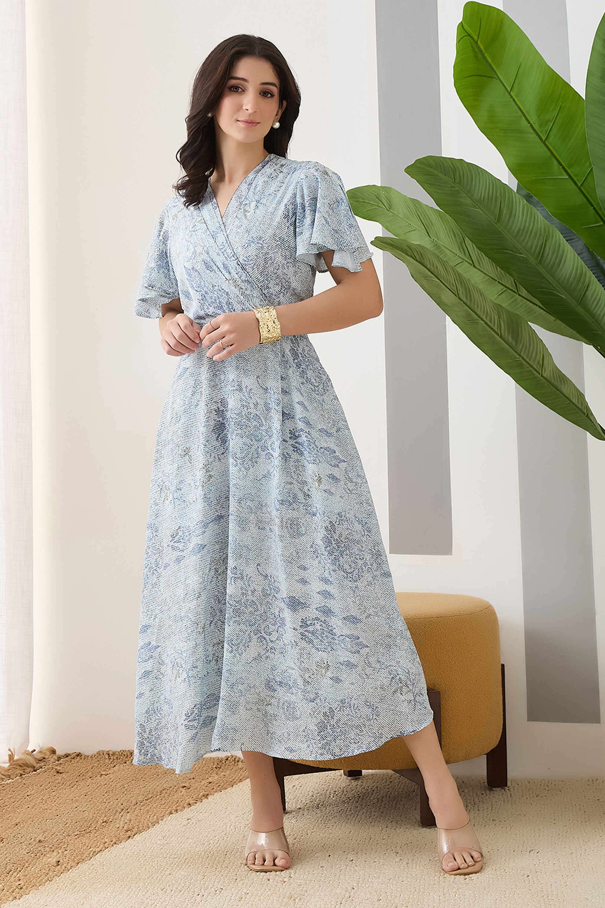 Printed-V-Neck-Polyester-Women-s-Dress