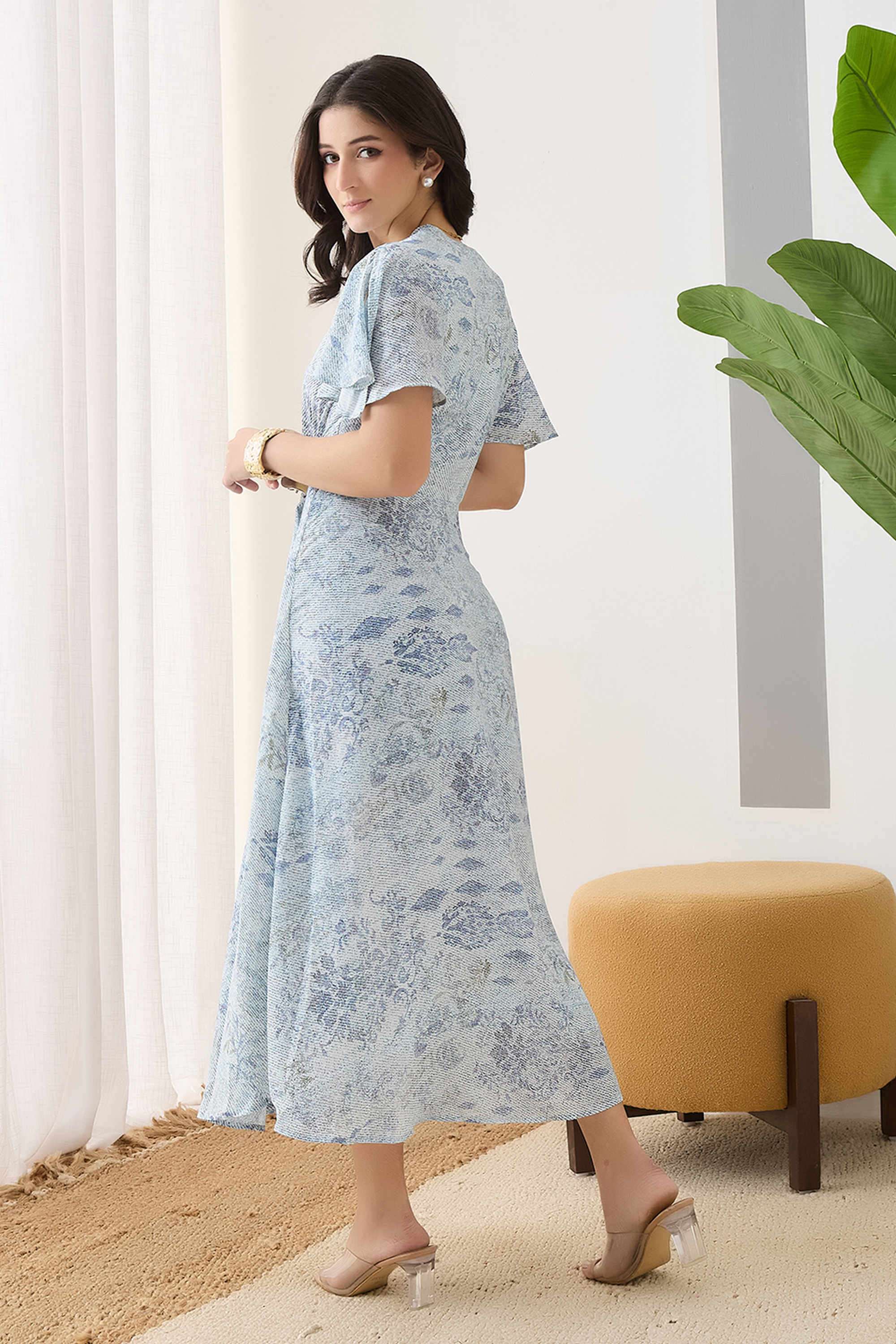 Printed-V-Neck-Polyester-Women-s-Dress