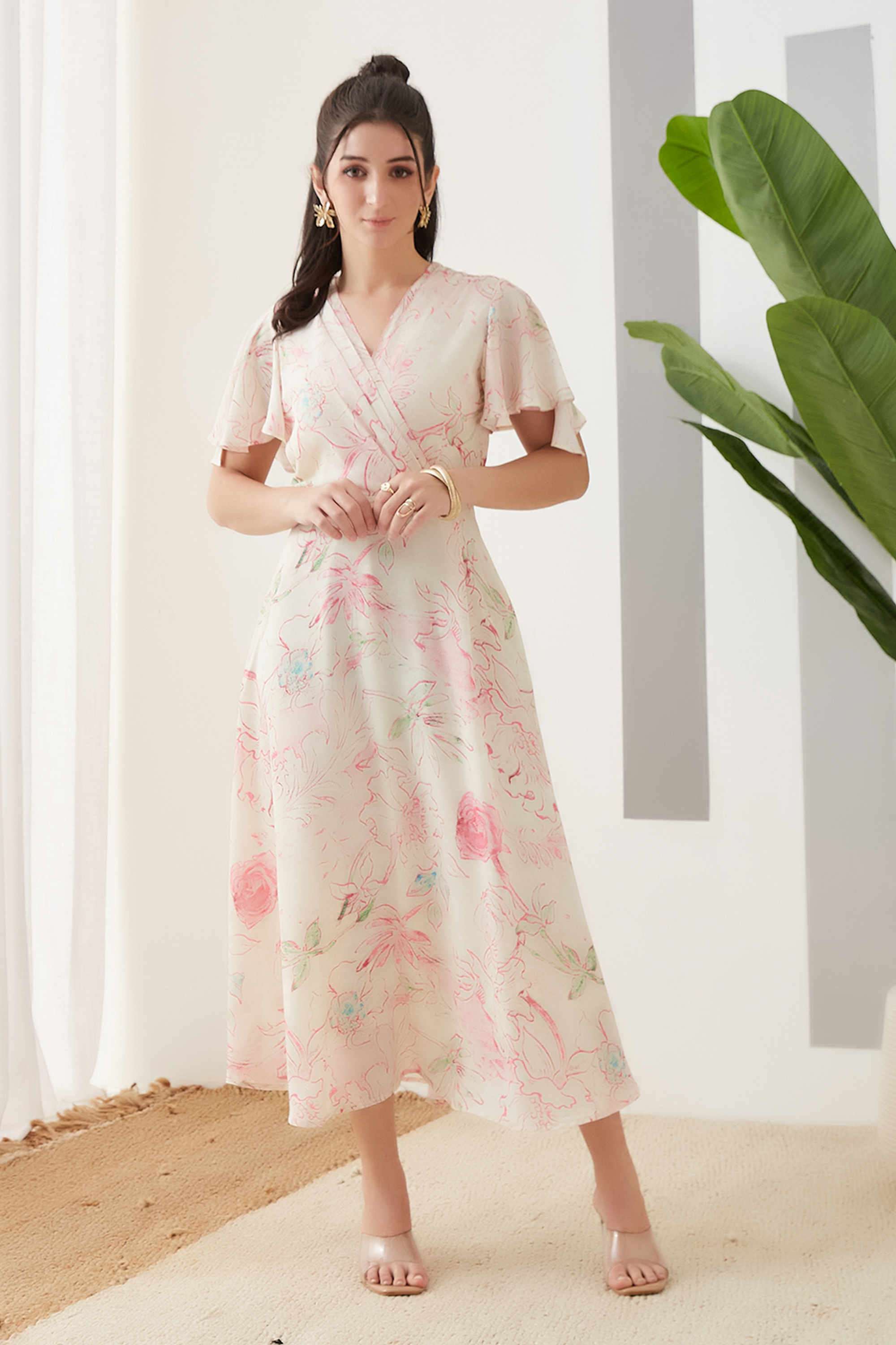 Printed-V-Neck-Polyester-Women-s-Dress