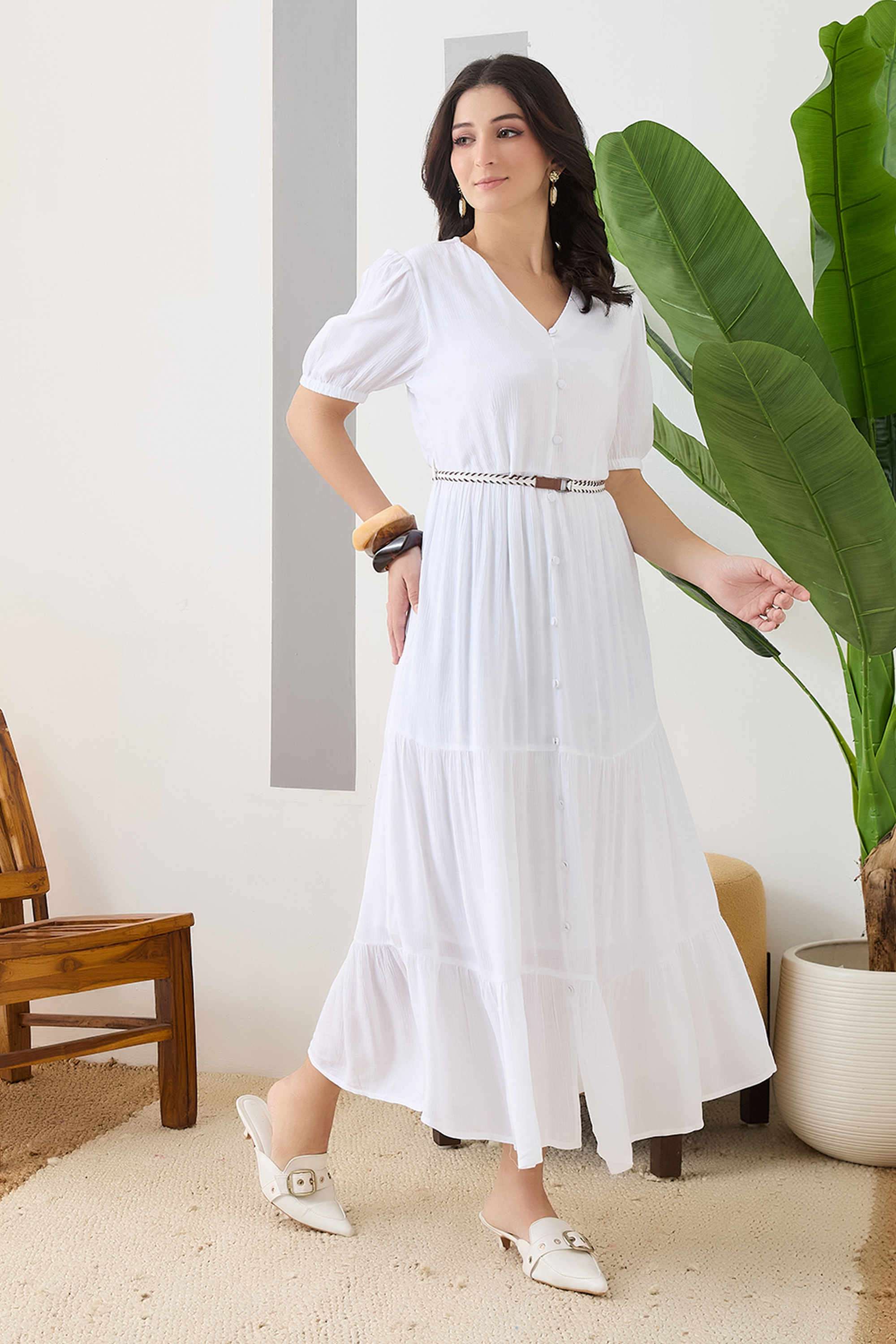 Solid-V-Neck-Viscose-Women-s-Dress