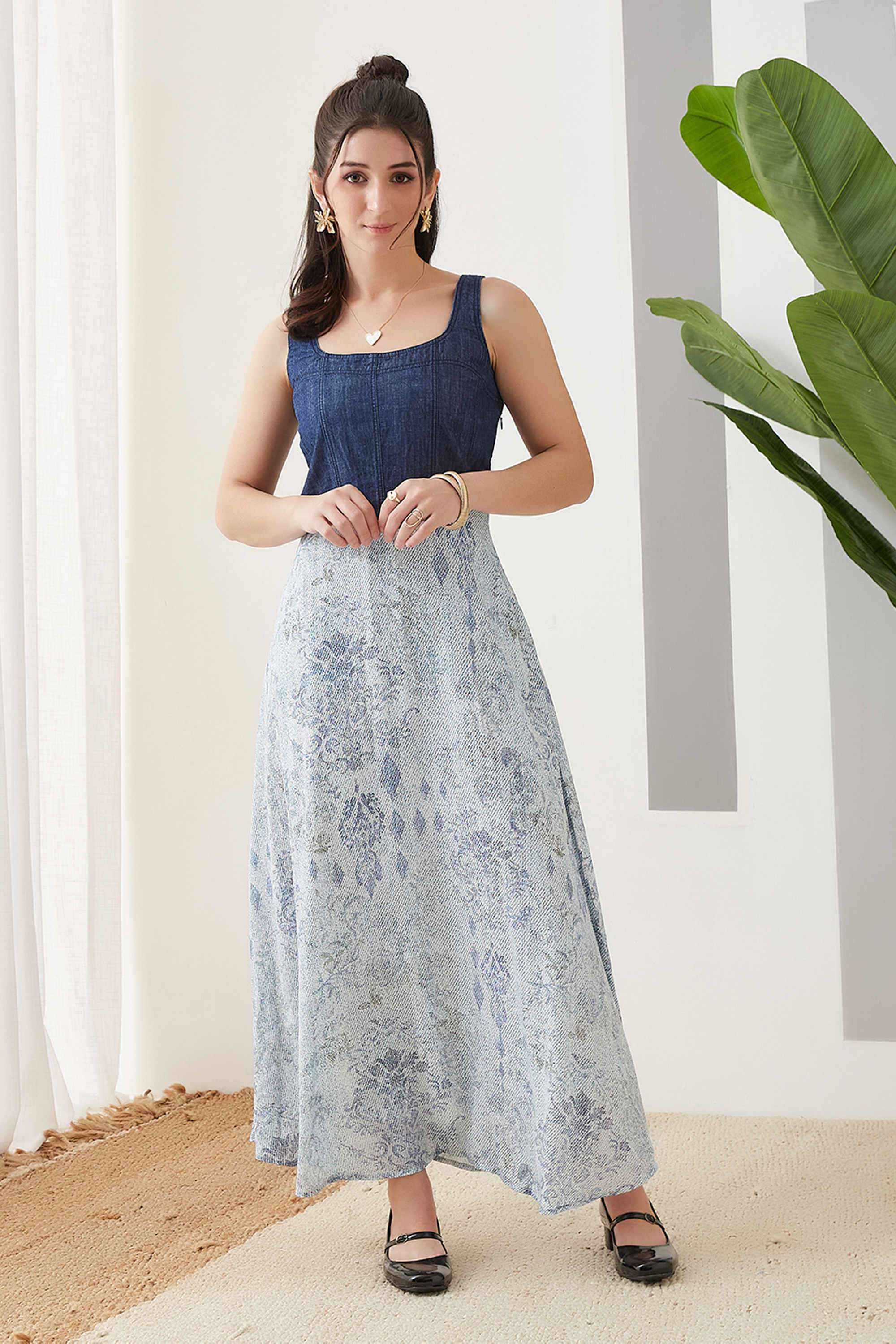 Printed-Square-Neck-Polyester-Women-s-Dress