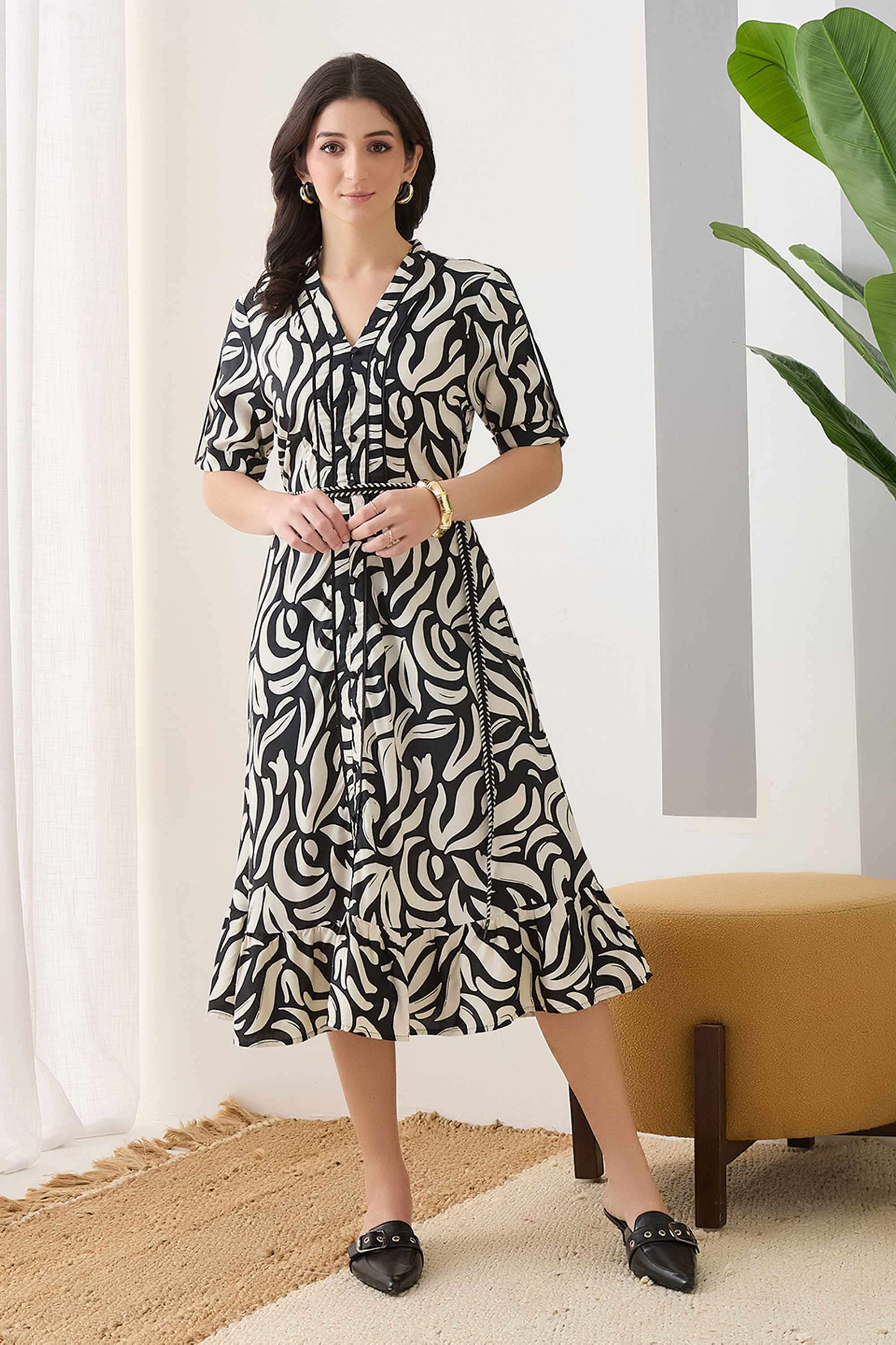 Printed-V-Neck-Viscose-Women-s-Dress
