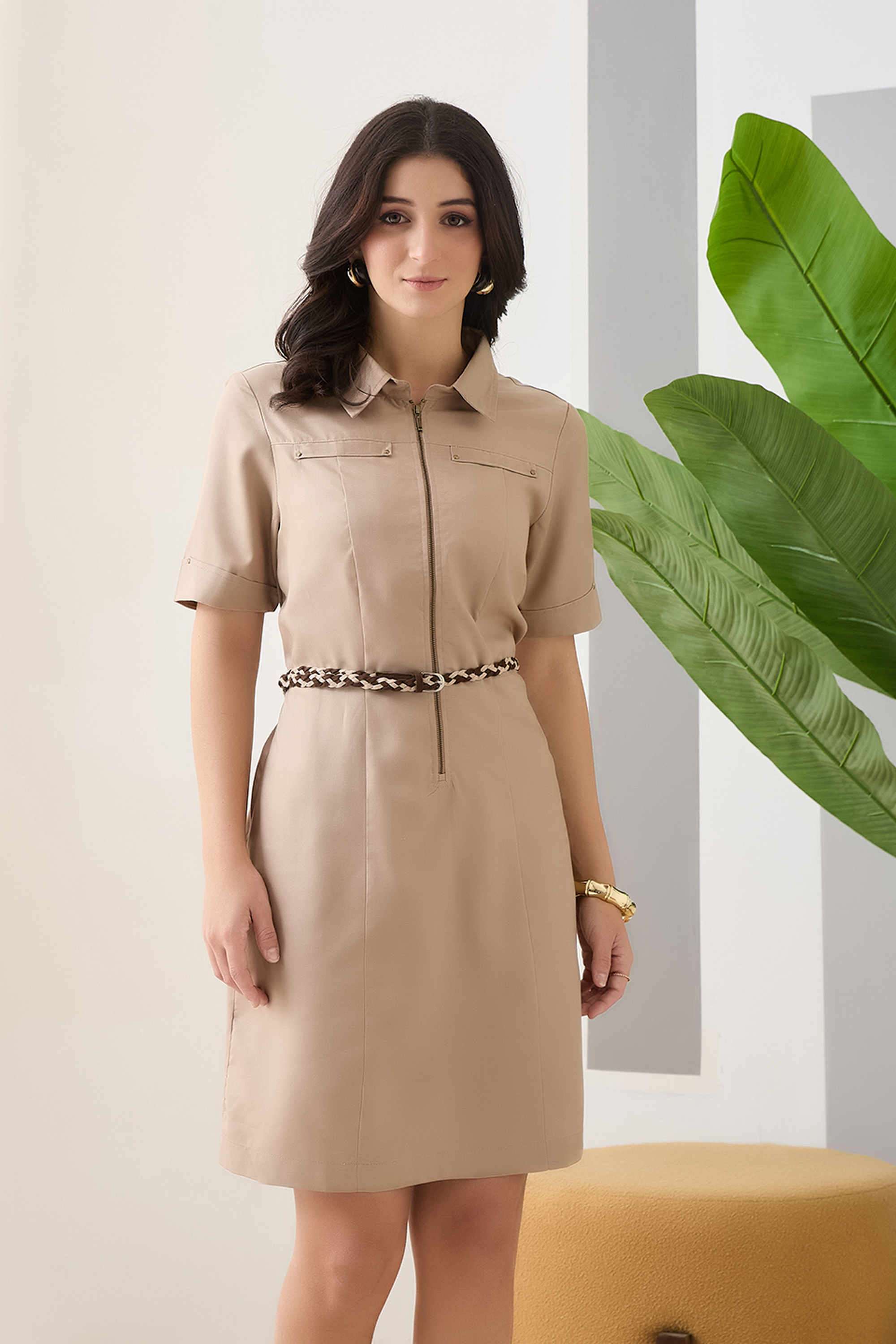 Solid-Collared-Blended-Fabric-Women-s-Dress