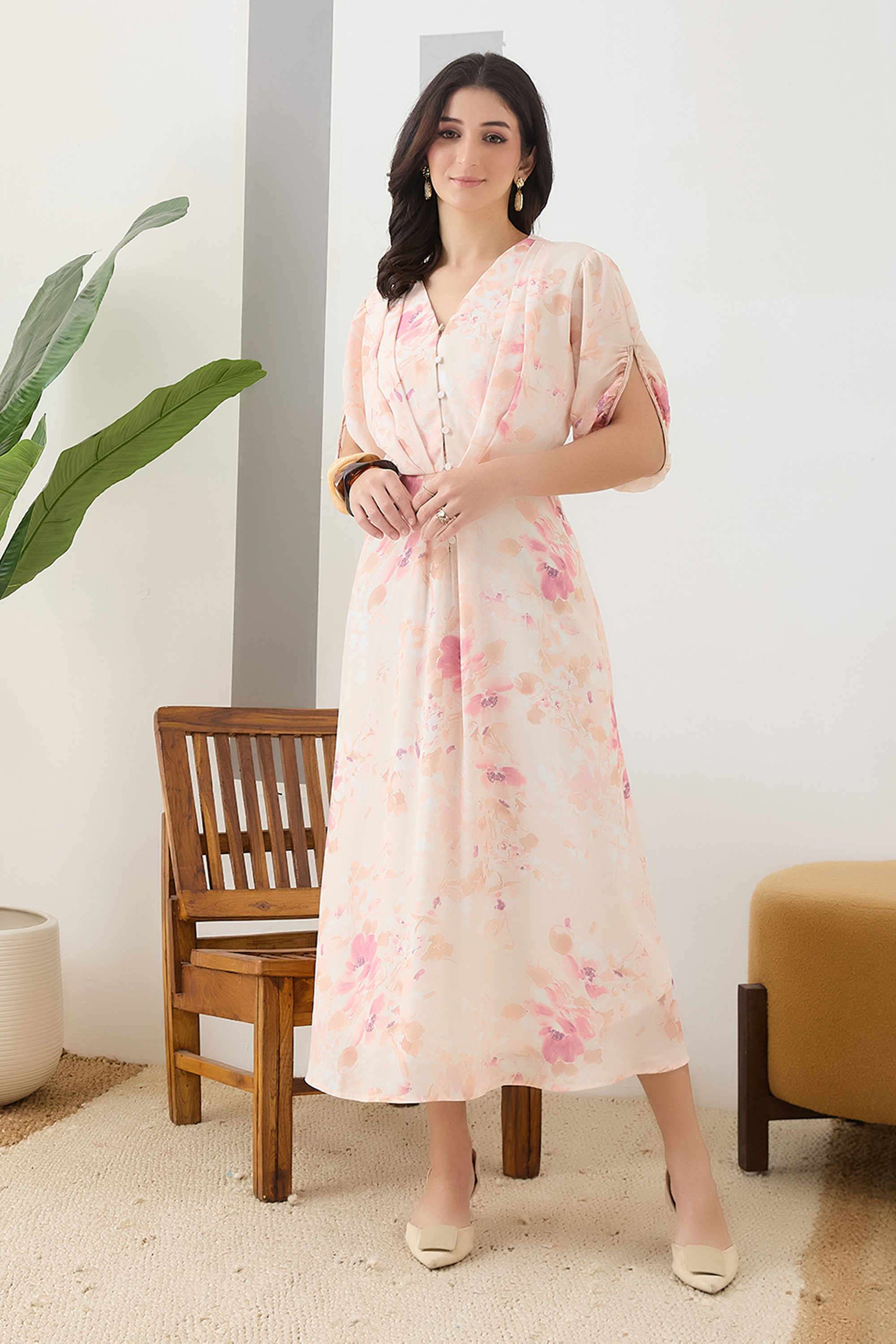 Printed-V-Neck-Polyester-Women-s-Dress