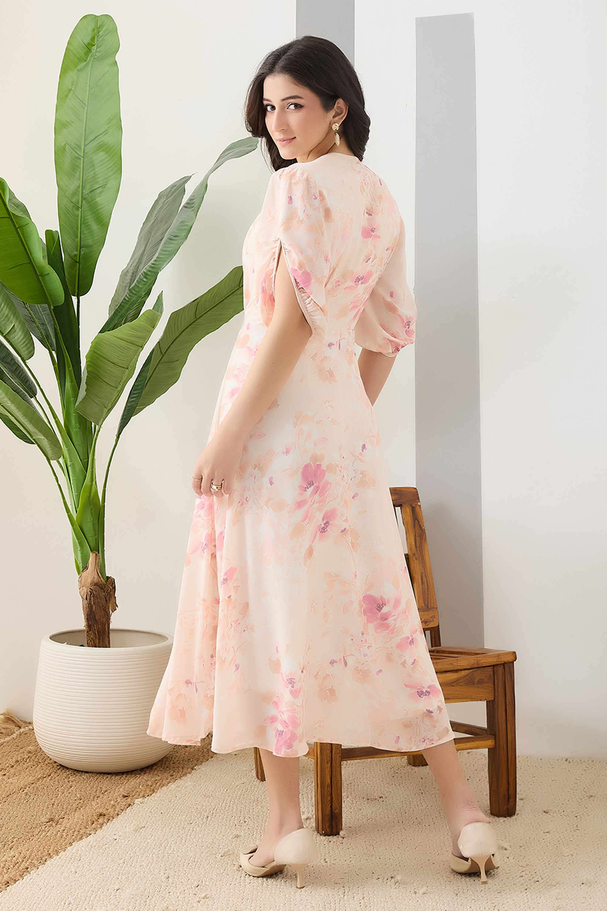 Printed-V-Neck-Polyester-Women-s-Dress