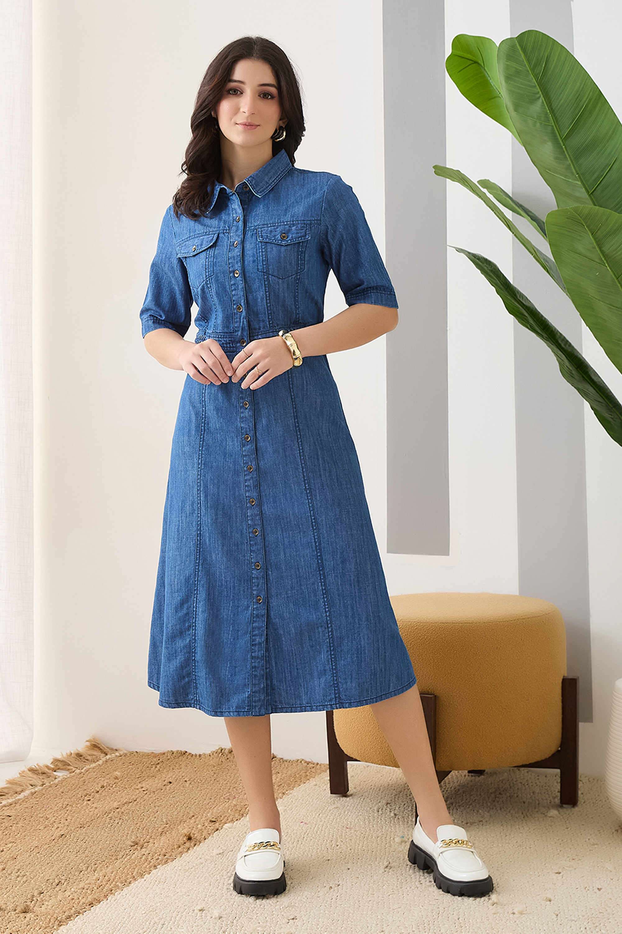 Solid-Collared-Cotton-Women-s-Dress