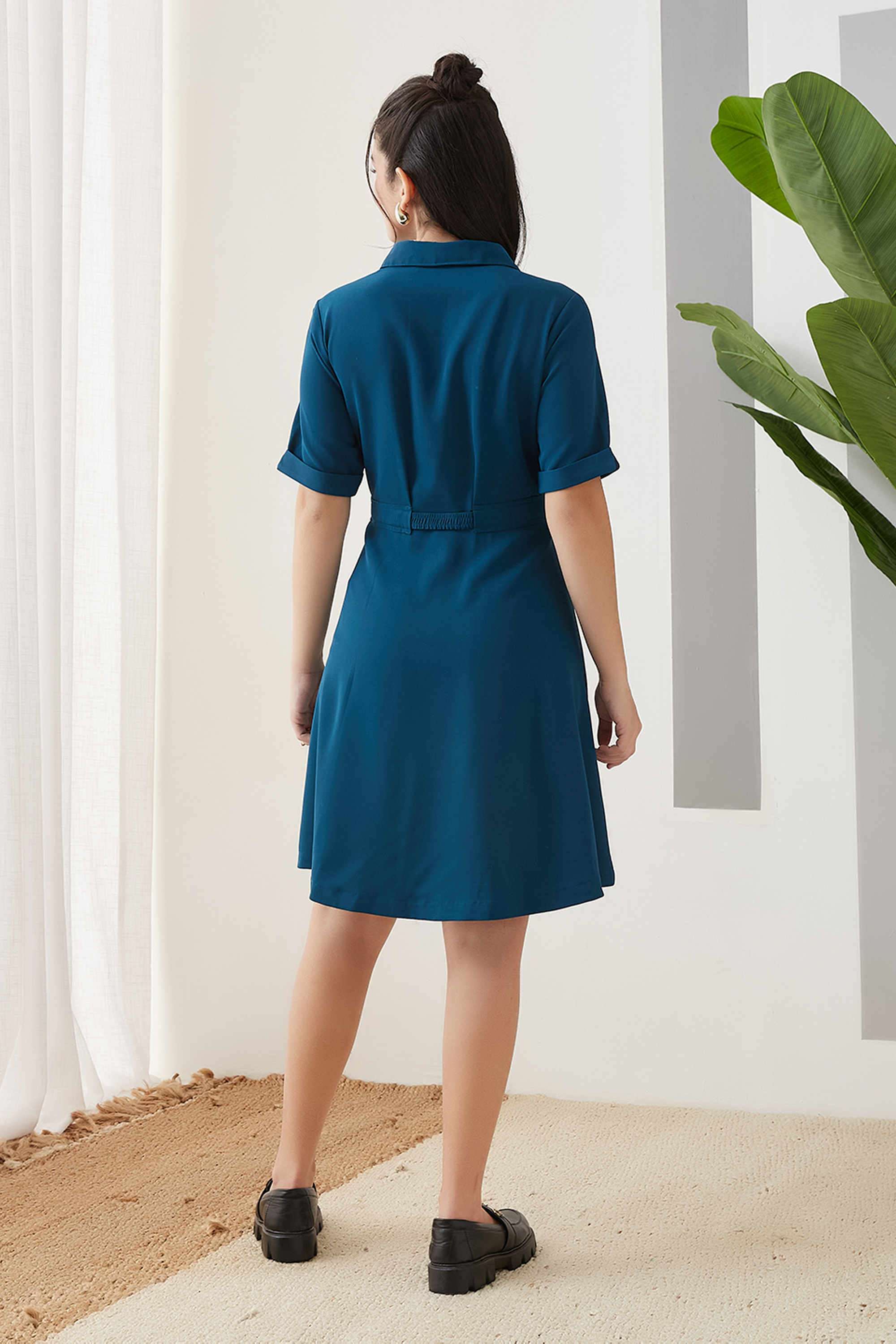 Solid-Collared-Polyester-Women-s-Dress