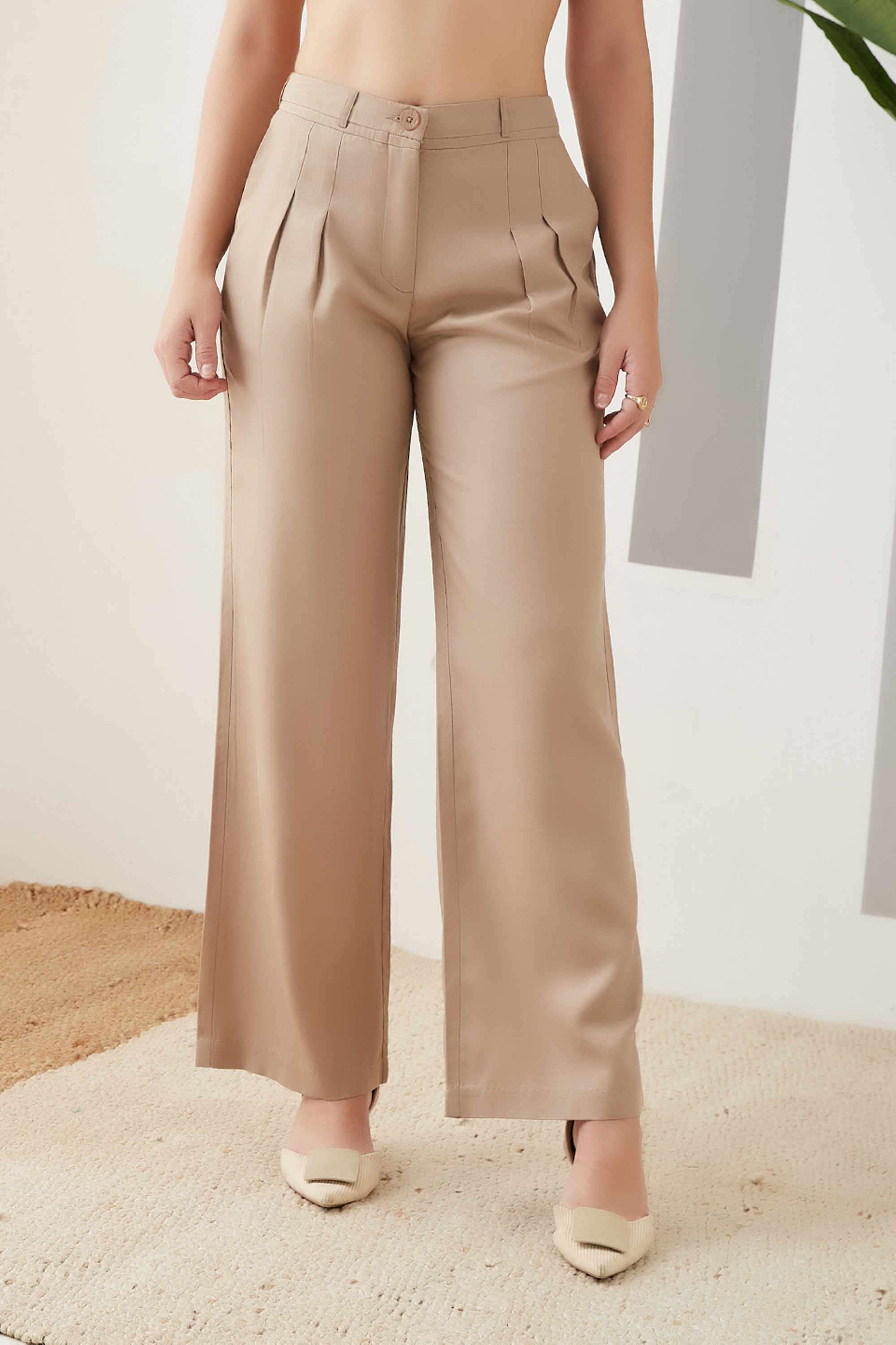 Solid-Regular-Fit-Blended-Fabric-Women-s-Casual-Pants
