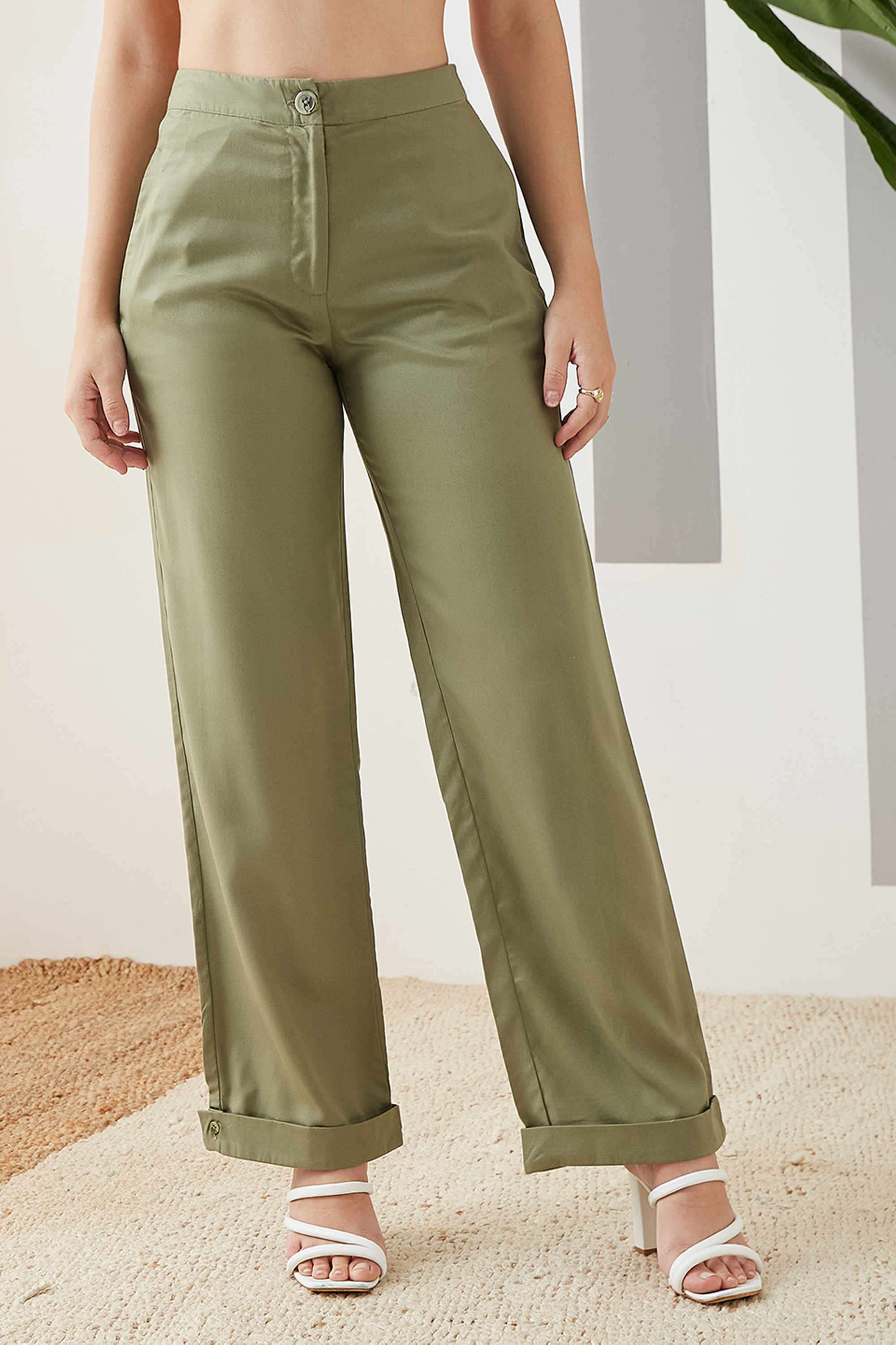 Solid-Regular-Fit-Blended-Fabric-Women-s-Casual-Pants