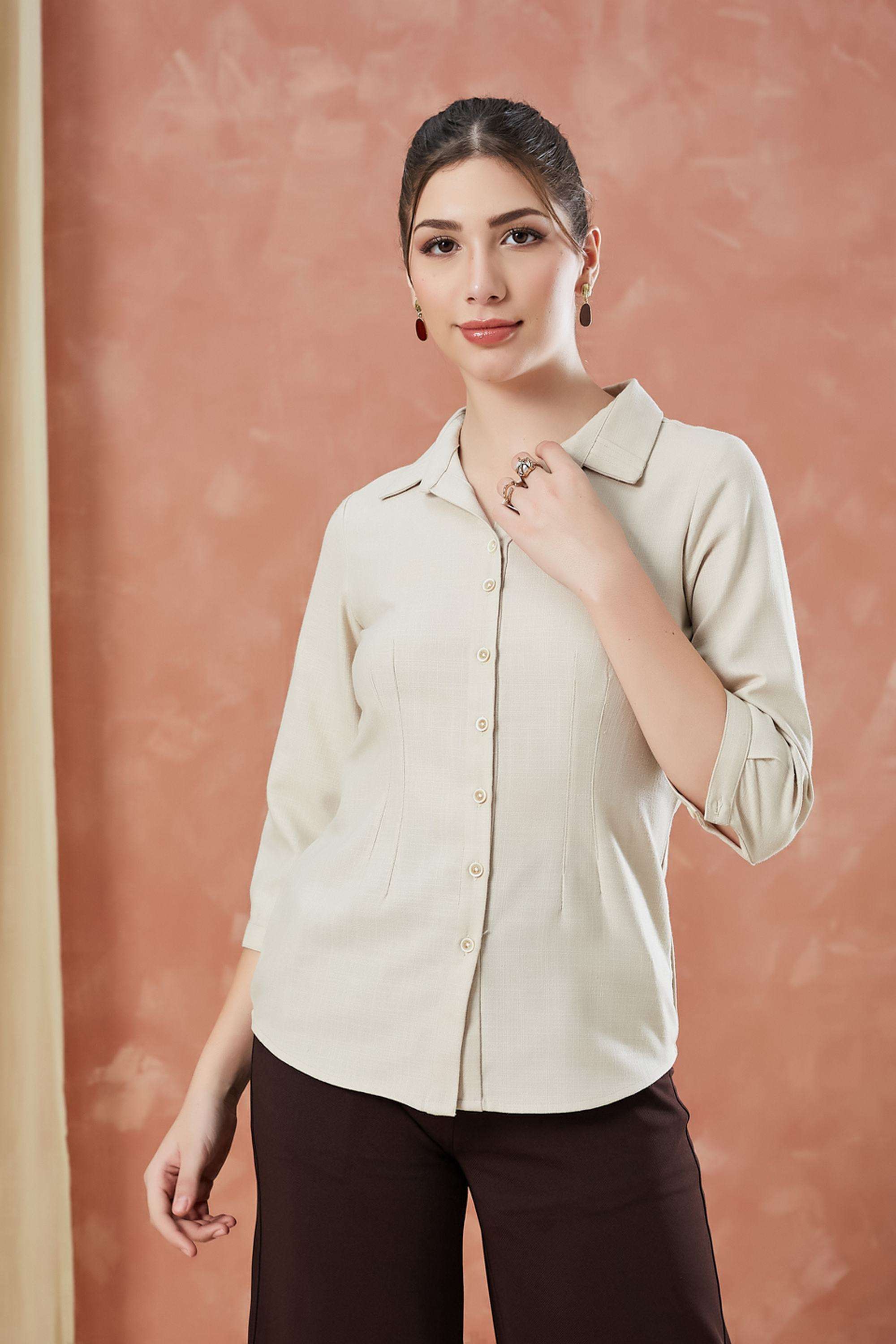 Solid-Linen-Blend-Collared-Women-s-Shirt
