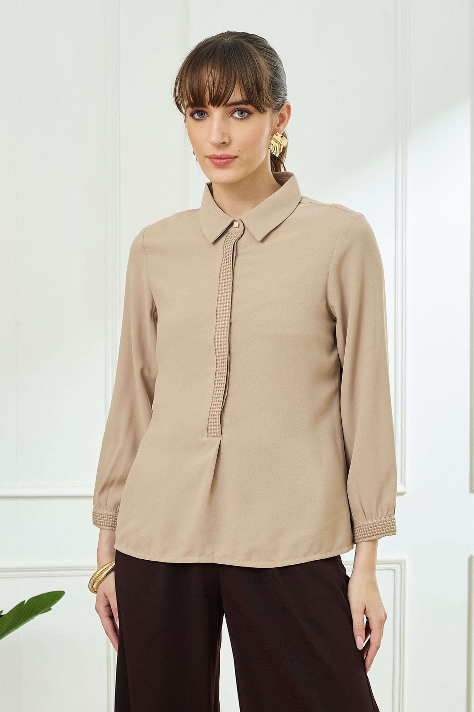 Solid-Polyester-Collared-Women-s-Tunic
