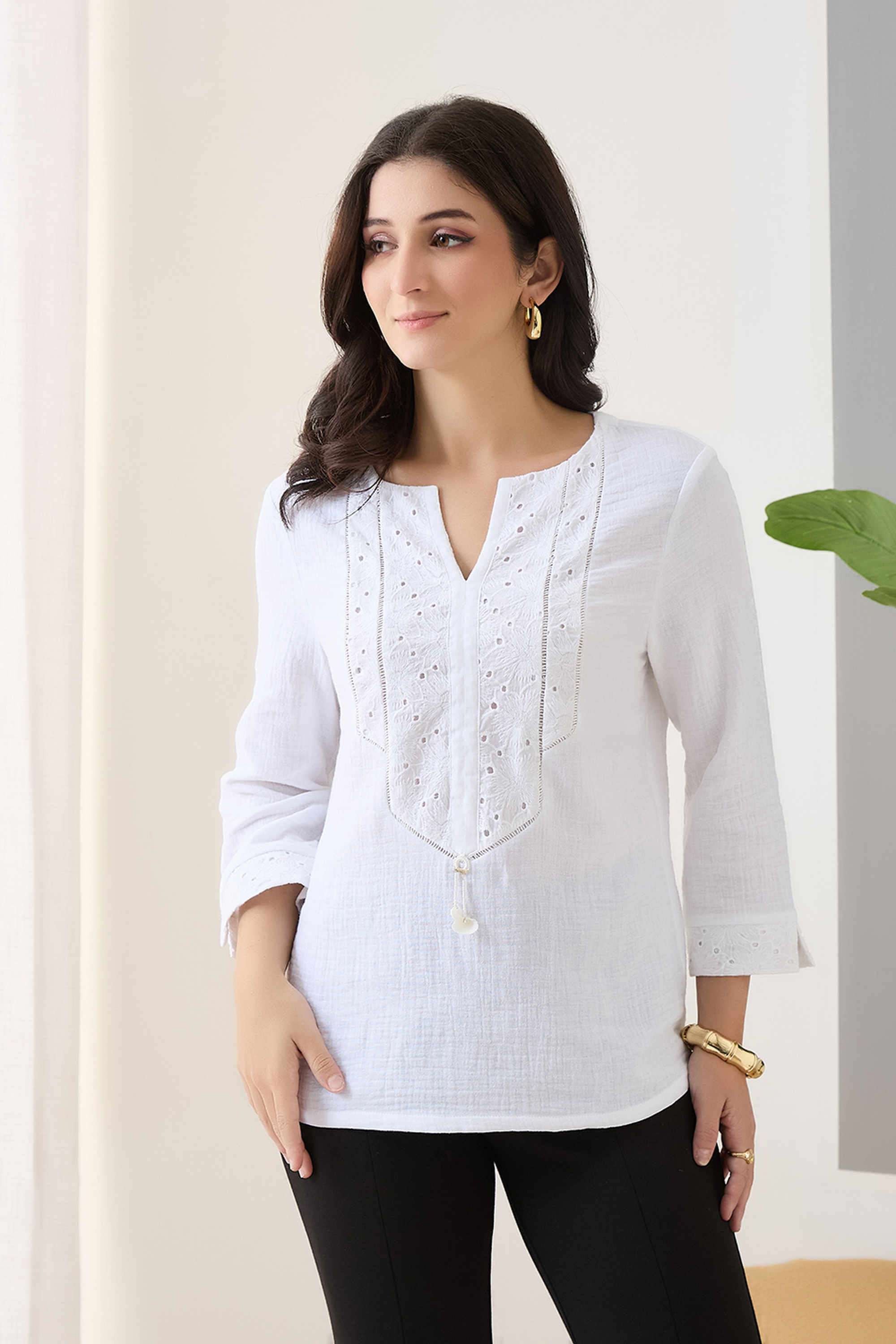 Solid-Cotton-V-Neck-Women-s-Tunic