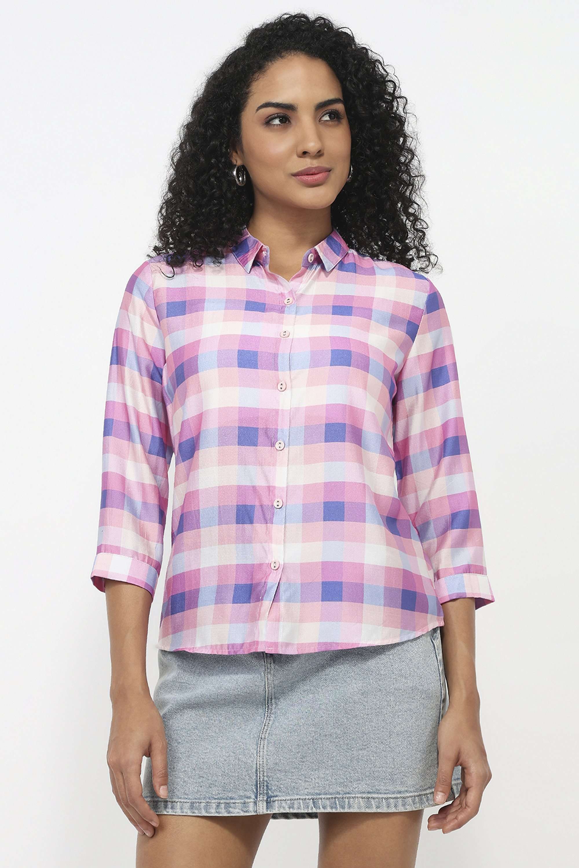 Checks-Blended-Fabric-Women-Casual-Wear-Shirt