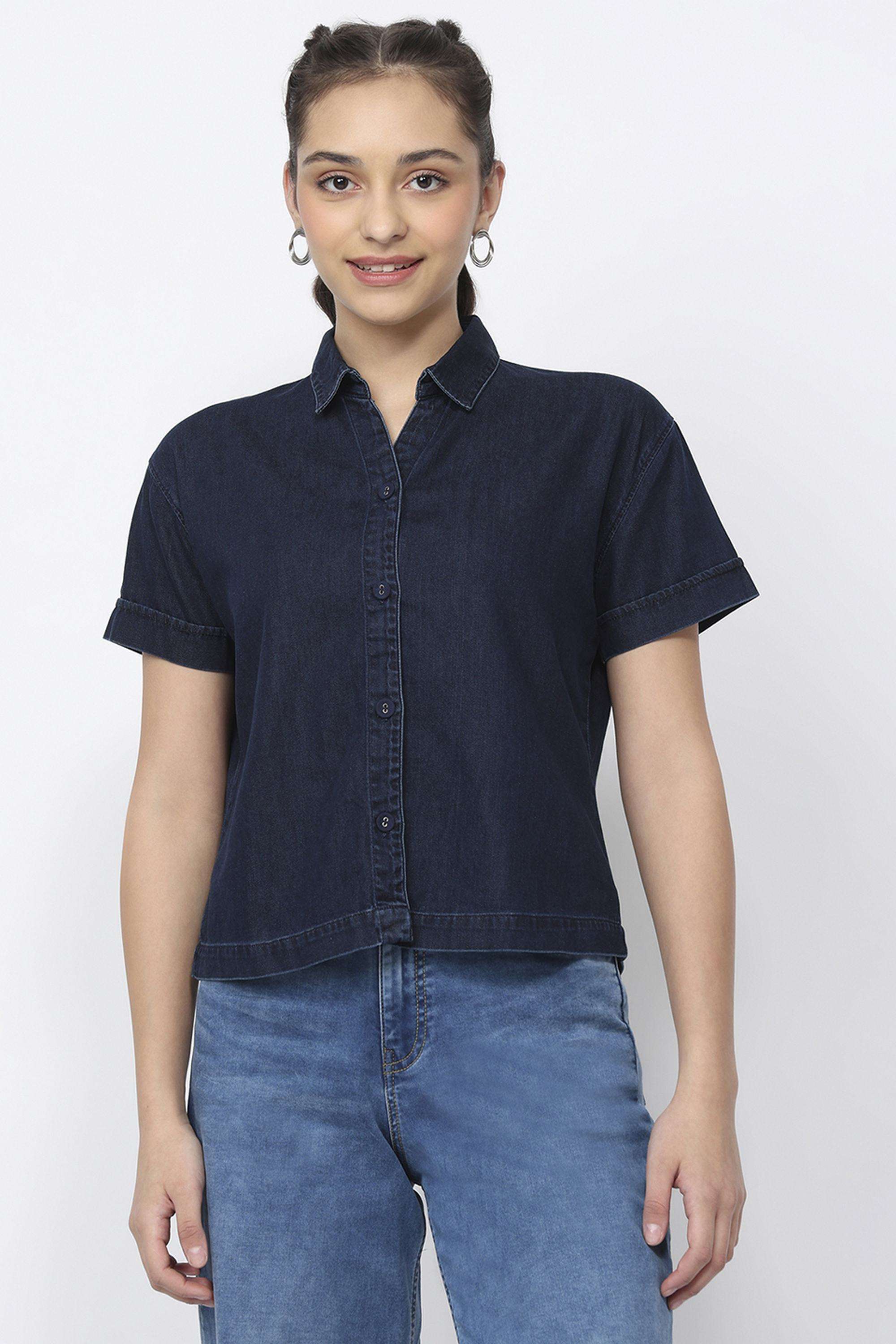 Solid-Blended-Fabric-Collared-Women-Casual-Wear-Shirt