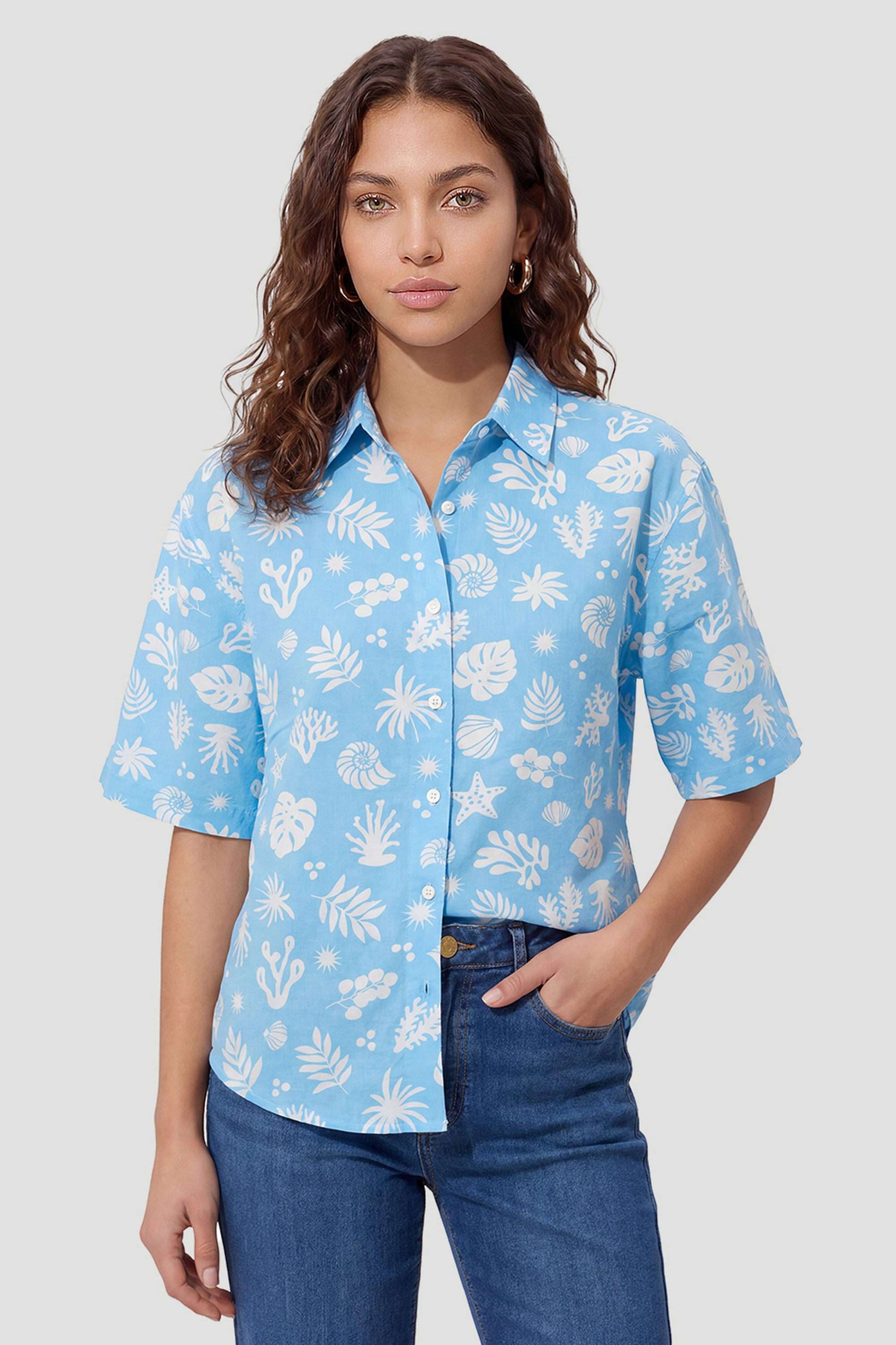 kraus Printed Spread Collar Viscose Linen Blend Women's Casual Wear Shirt-picture-35