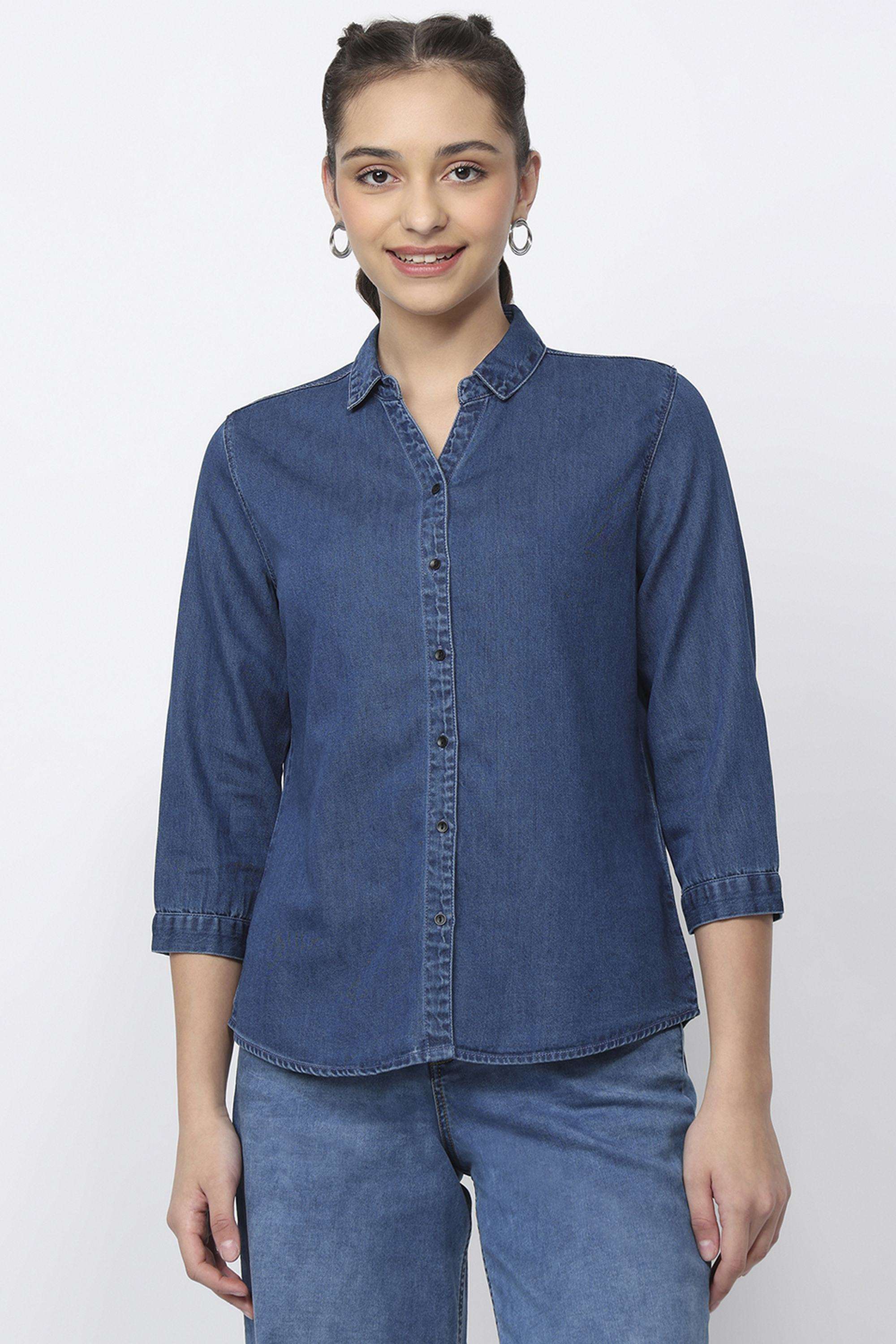Solid-Blended-Fabric-Collared-Women-s-Shirt
