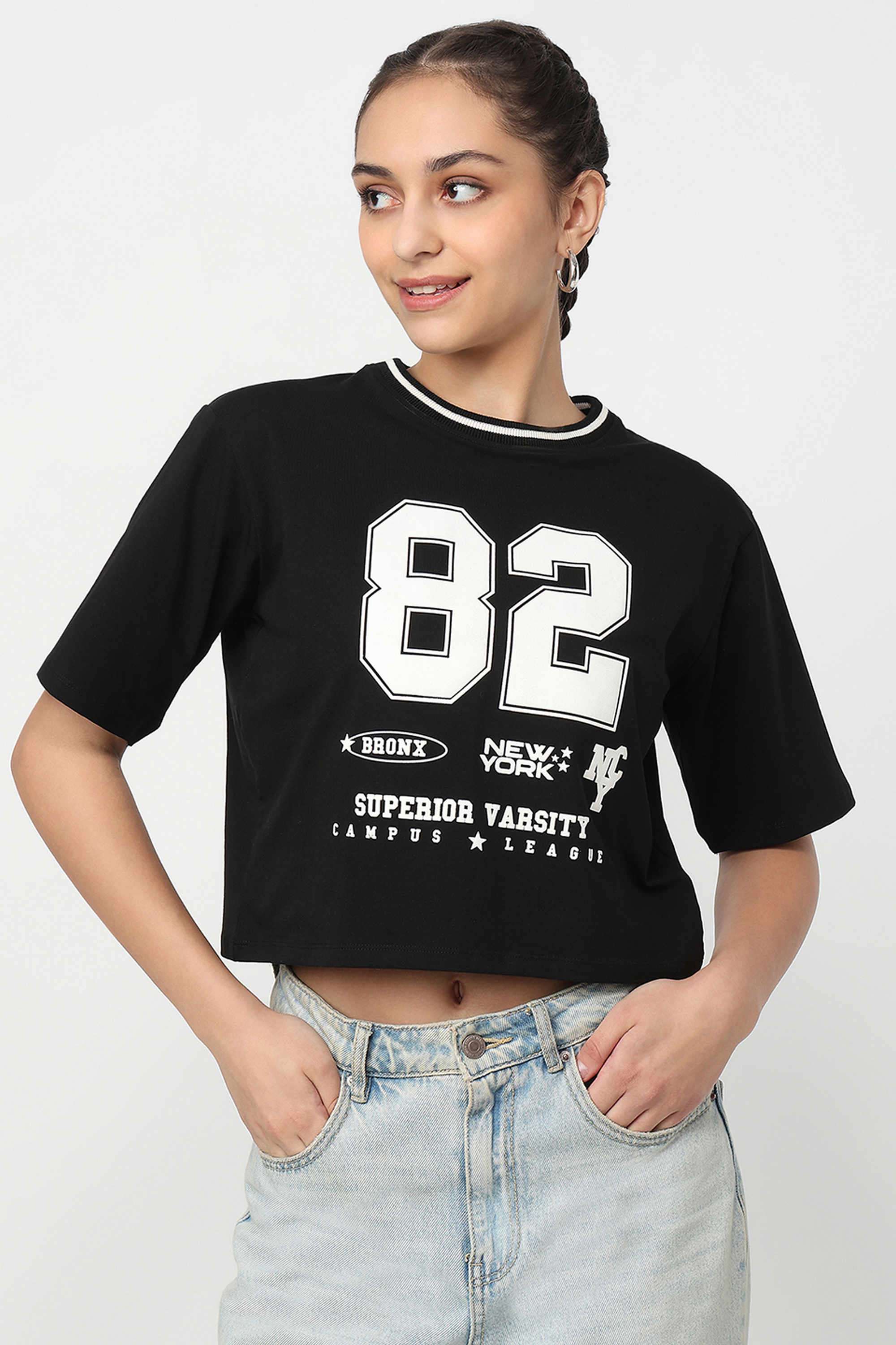 Graphic-Print-Blended-Fabric-Round-Neck-Women-s-T-Shirt