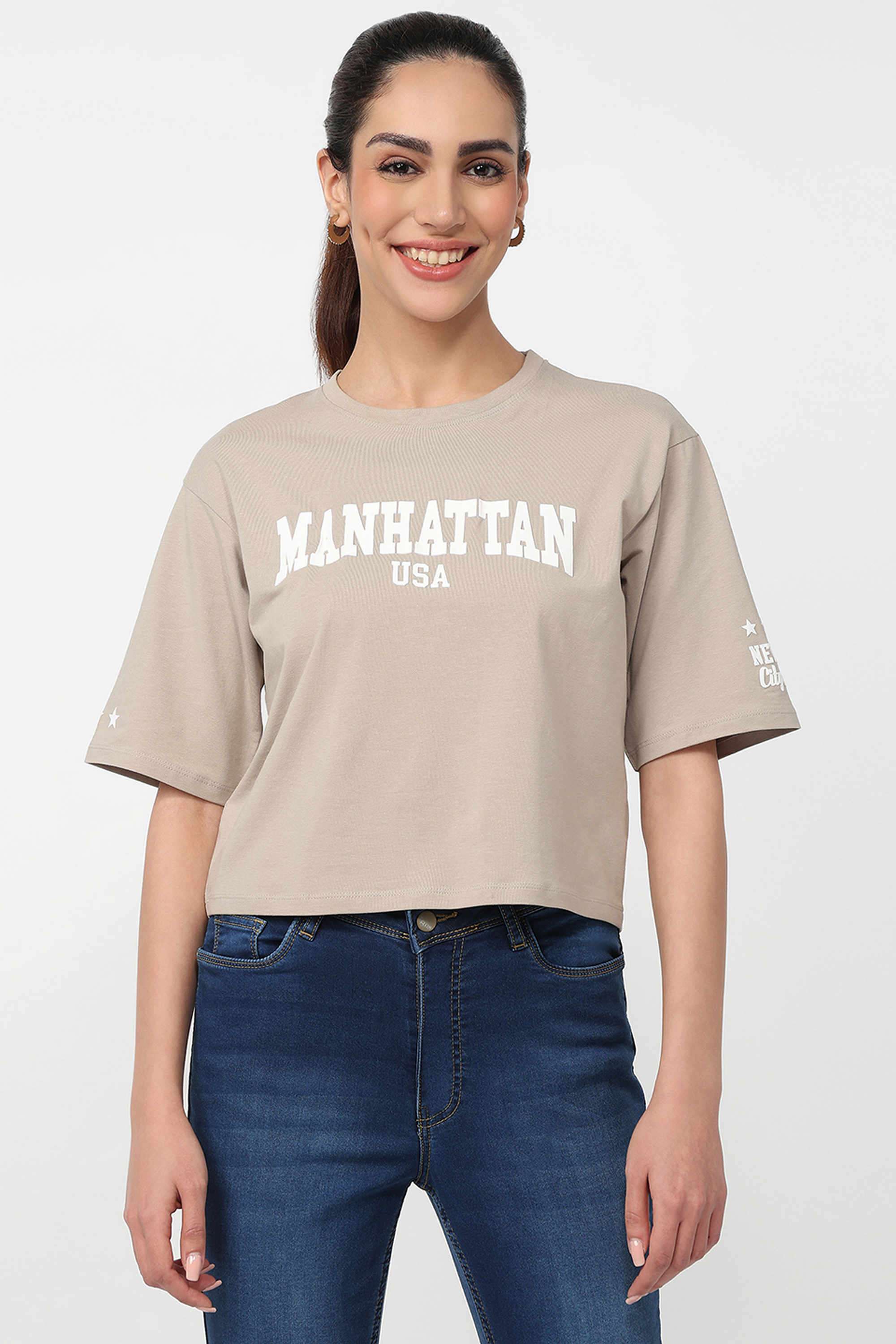 Graphic-Print-Blended-Fabric-Round-Neck-Women-s-T-Shirt