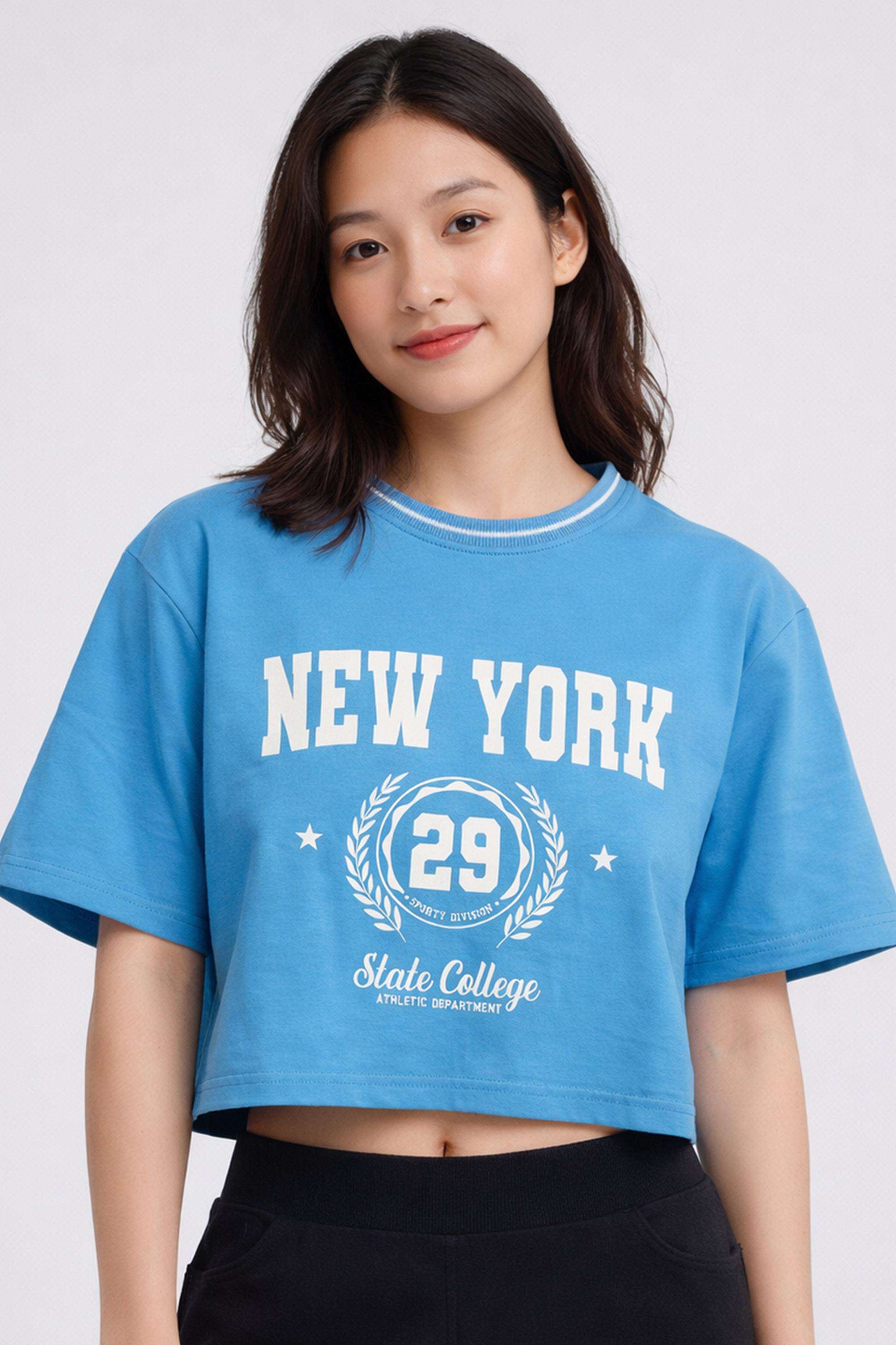 Graphic-Print-Blended-Fabric-Round-Neck-Women-T-Shirt
