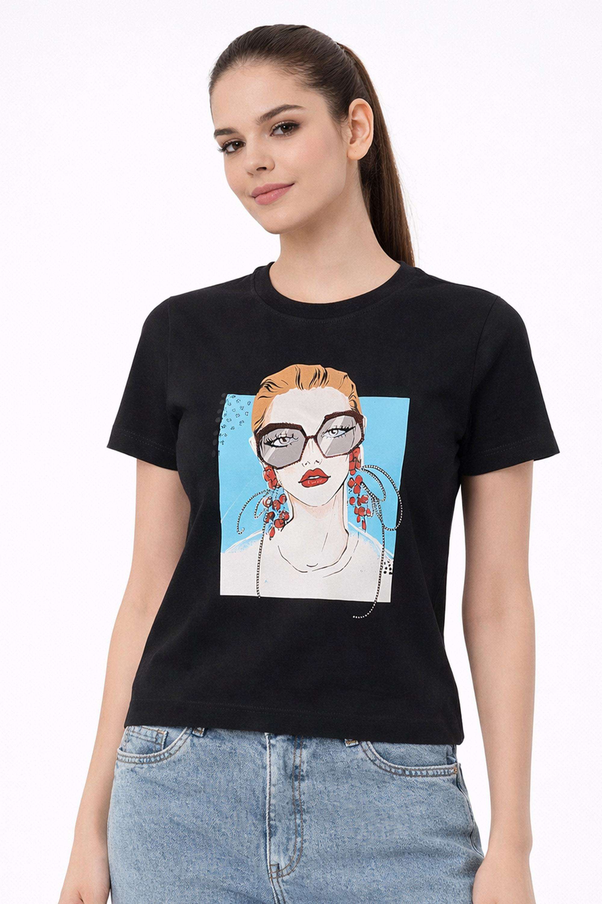Graphic-Print-Blended-Fabric-Round-Neck-Women-s-T-Shirt