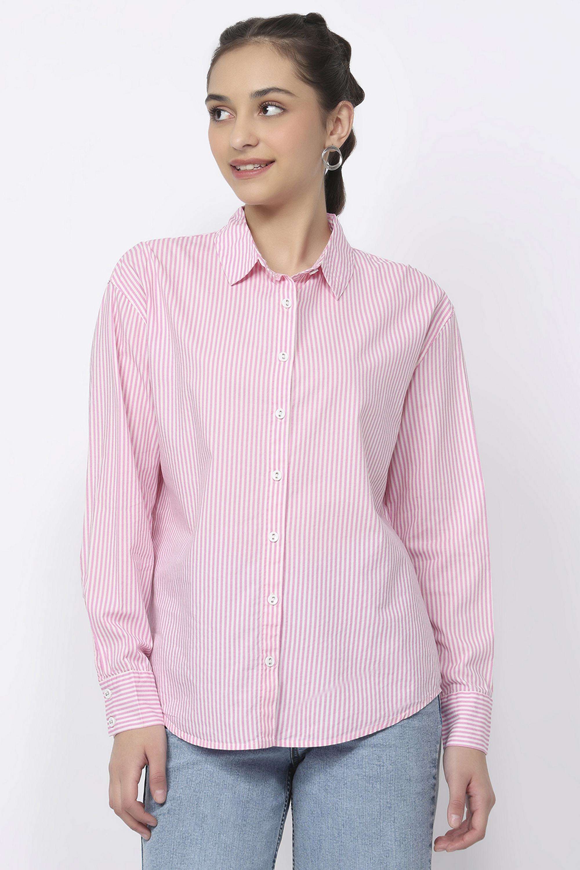 Stripes-Blended-Fabric-Collared-Women-s-Shirt