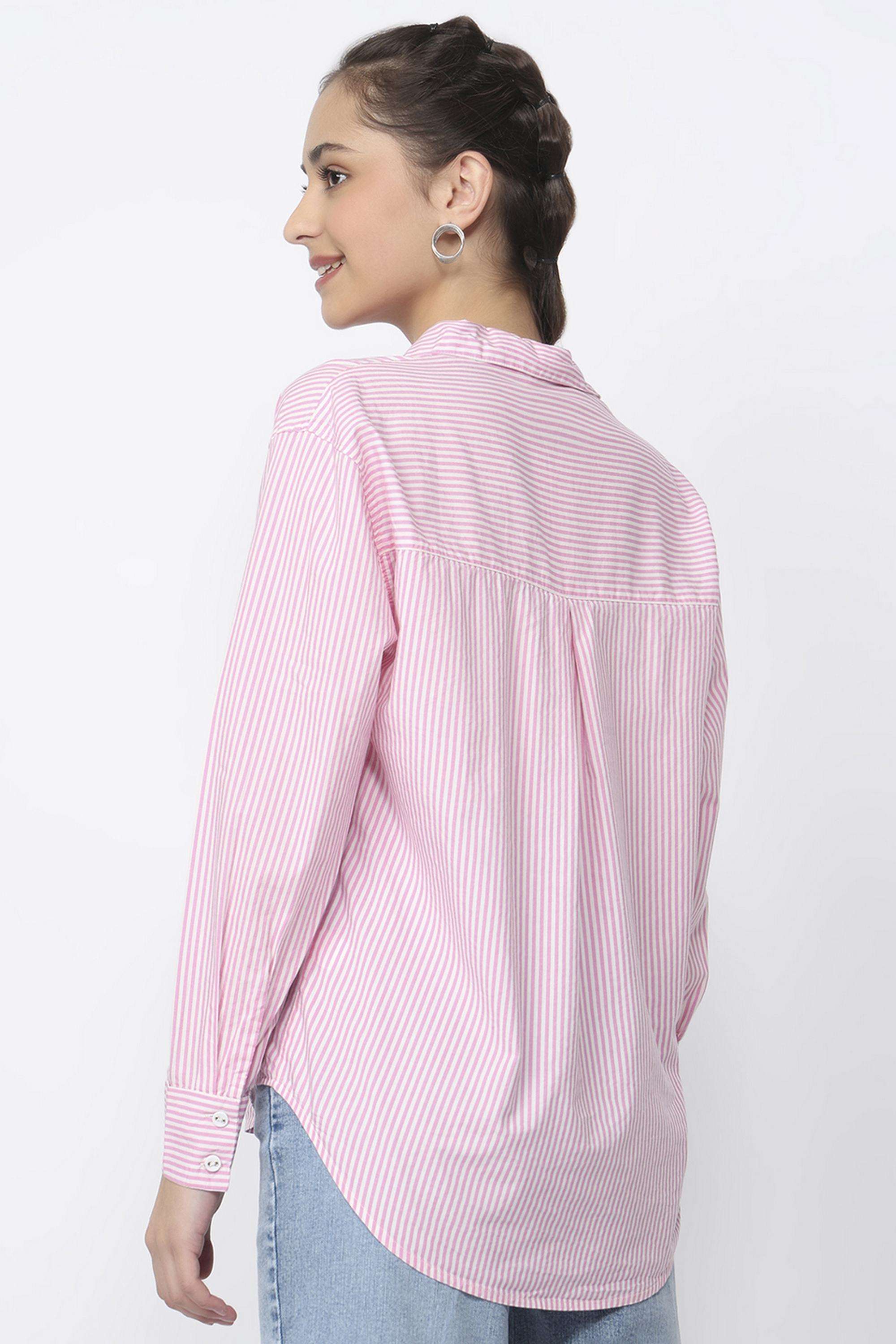Stripes-Blended-Fabric-Collared-Women-s-Shirt