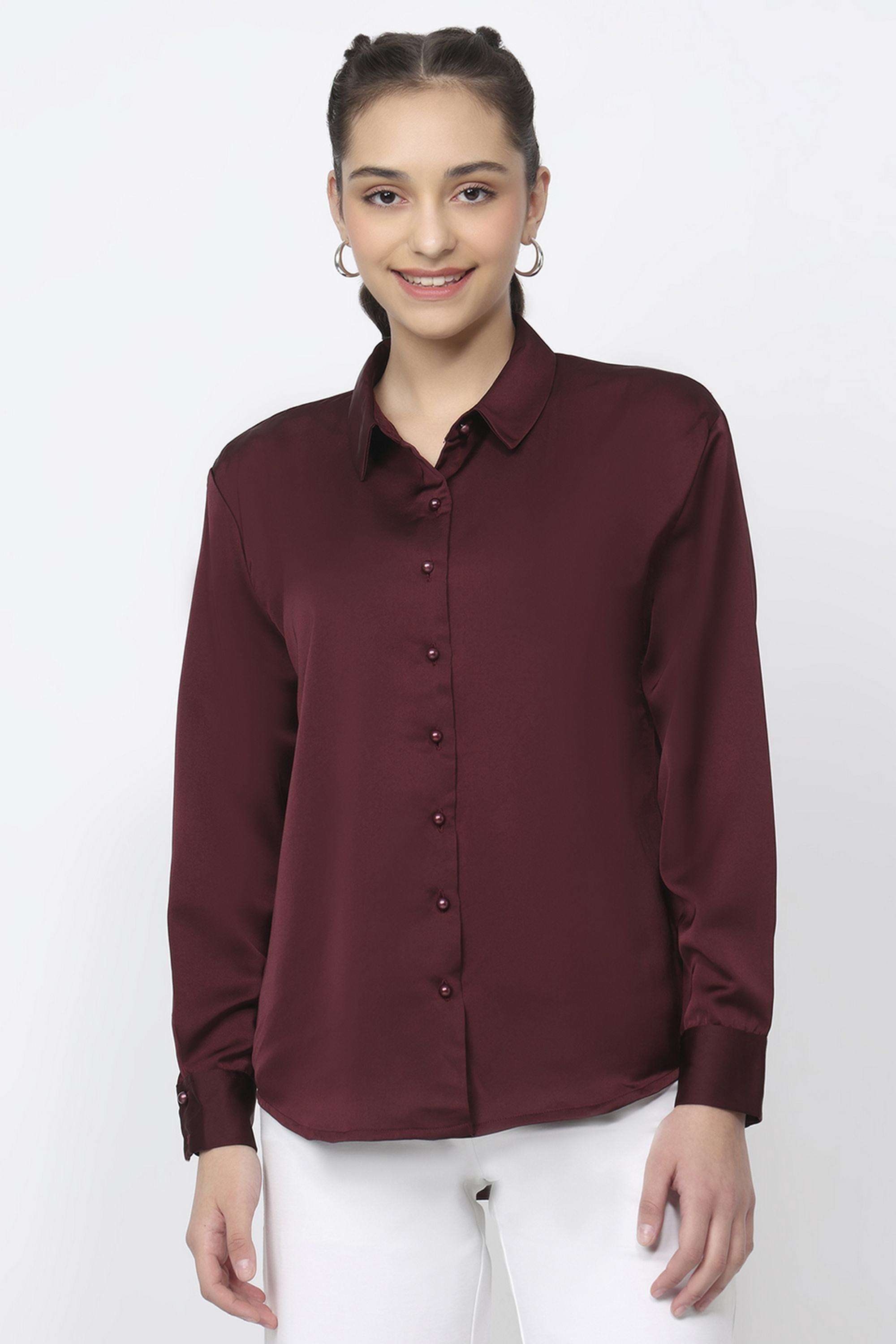 Solid-Polyester-Collared-Women-s-Shirt