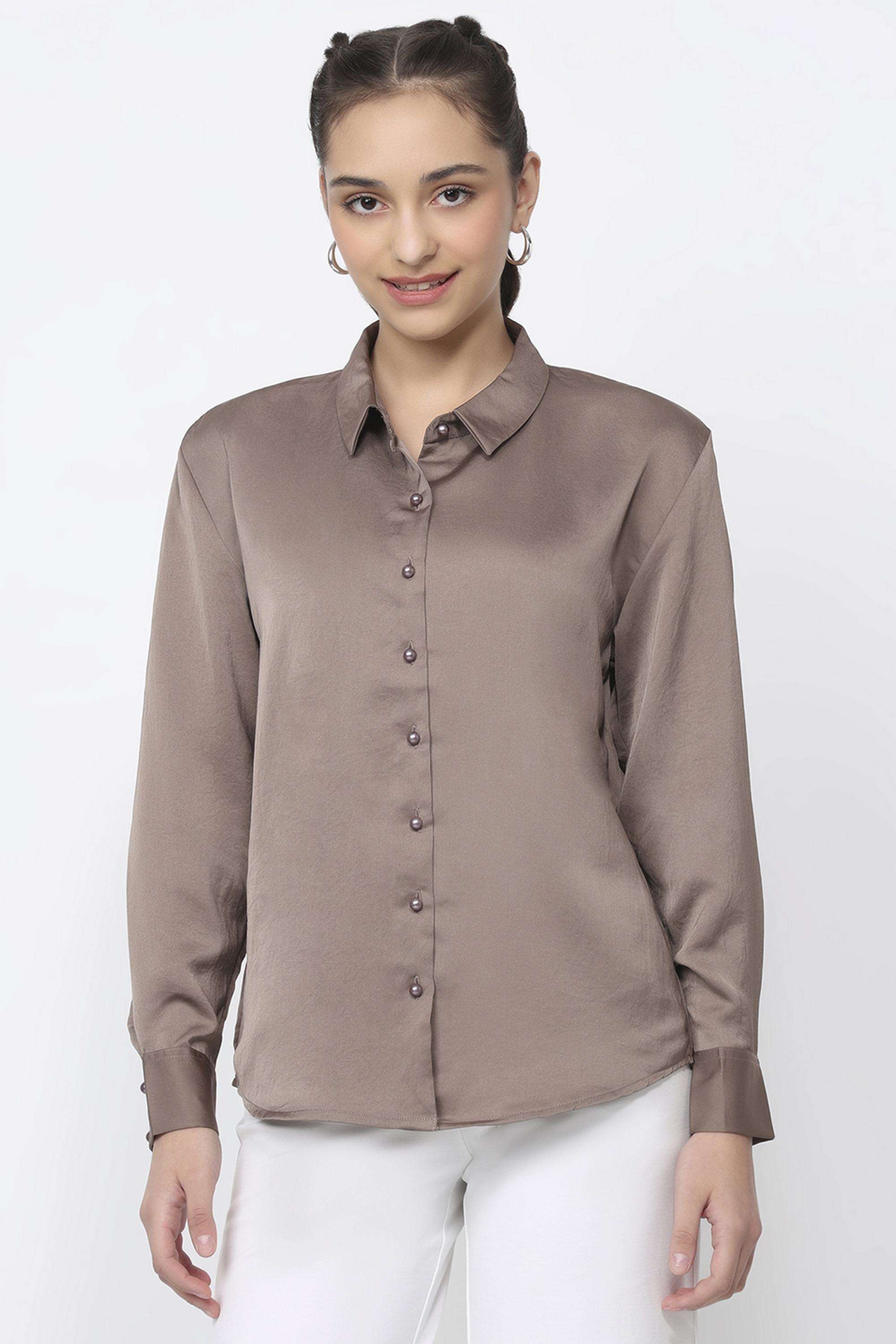 Solid-Polyester-Collared-Women-s-Shirt