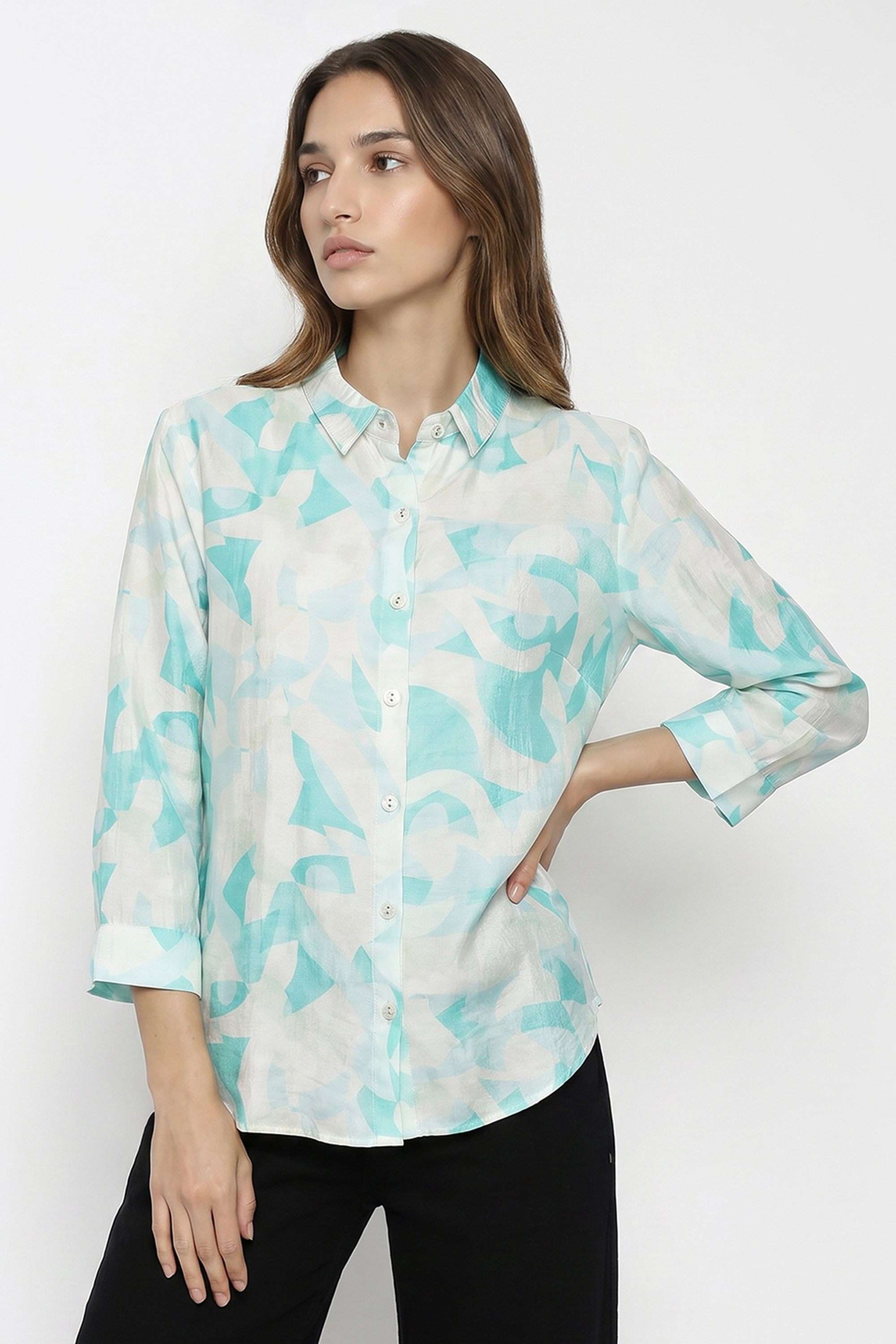 Printed Spread Collar Viscose Polyamide Blend Women's Casual Wear Shirt-image-33