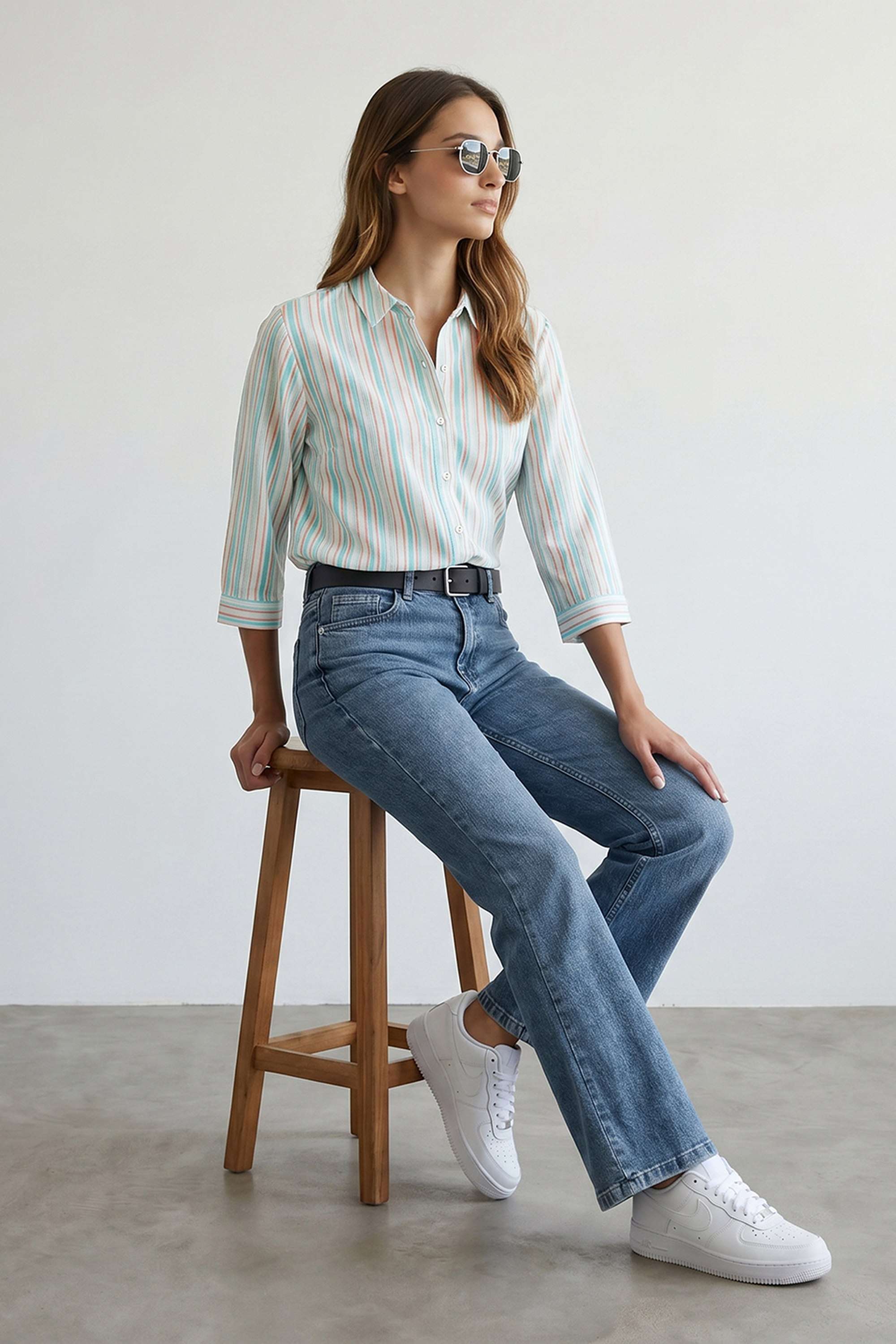 Stripes Spread Collar Viscose Polyamide Blend Women's Casual Wear Shirt-image-25