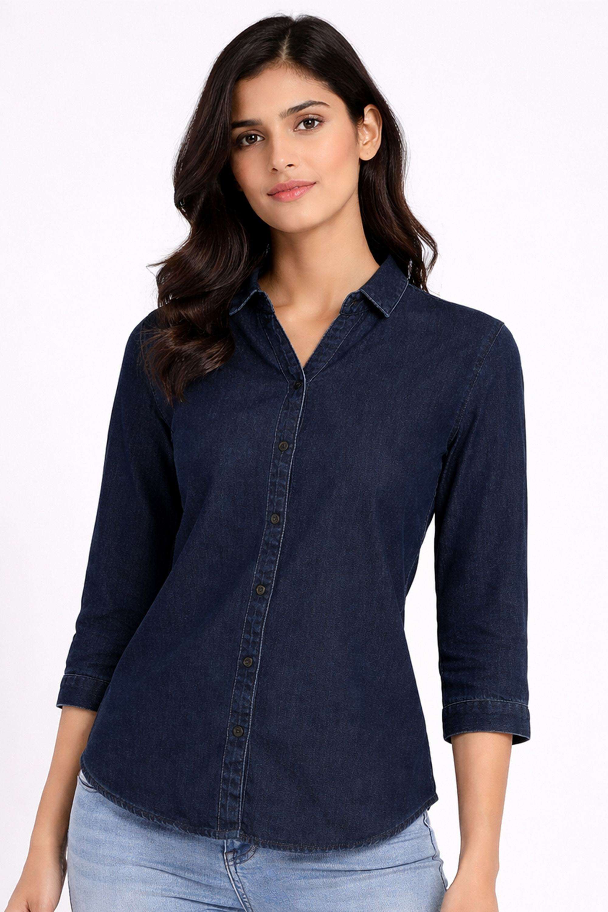 Solid-Blended-Fabric-Collared-Women-Casual-Wear-Shirt